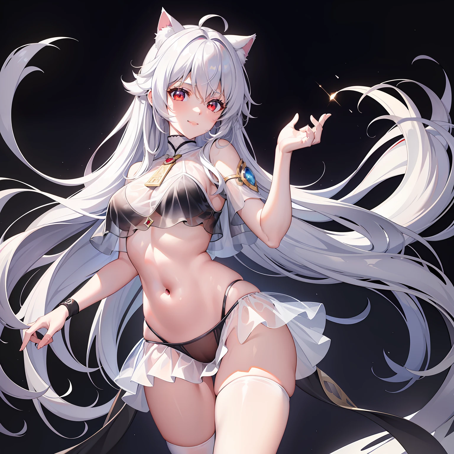 (Masterpiece), (Best quality), full bodyesbian,Simple background, 1girll,Shiny hair,White hair, White cloak, ((See-through)),navel,Light smile,detective theme,((black sock)), in flower,black_Bikini ,navel，cat ear, Long hair， Red eyes，(Gushki thighs:1.2)