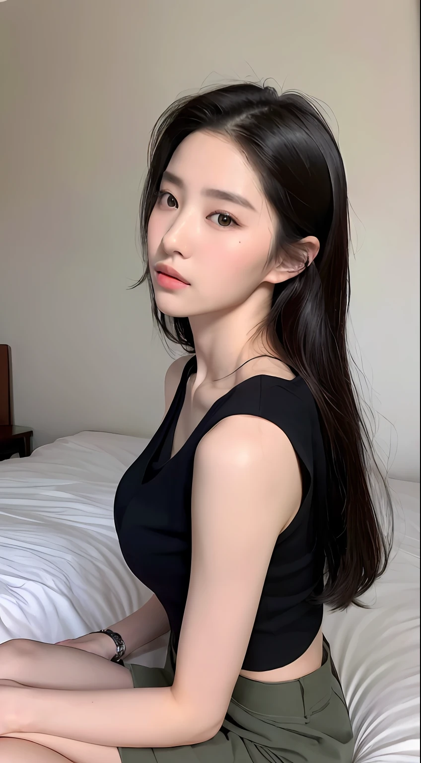 ((Top quality, 8k, Masterpiece: 1.3)), beauty, hidden face, 2 girls, beauty: 1.3, slender abs: 1.1, camisole vest, long black hair, (sitting on bed), ultra-detailed face, highly detailed lips, detailed eyes, double eyelids