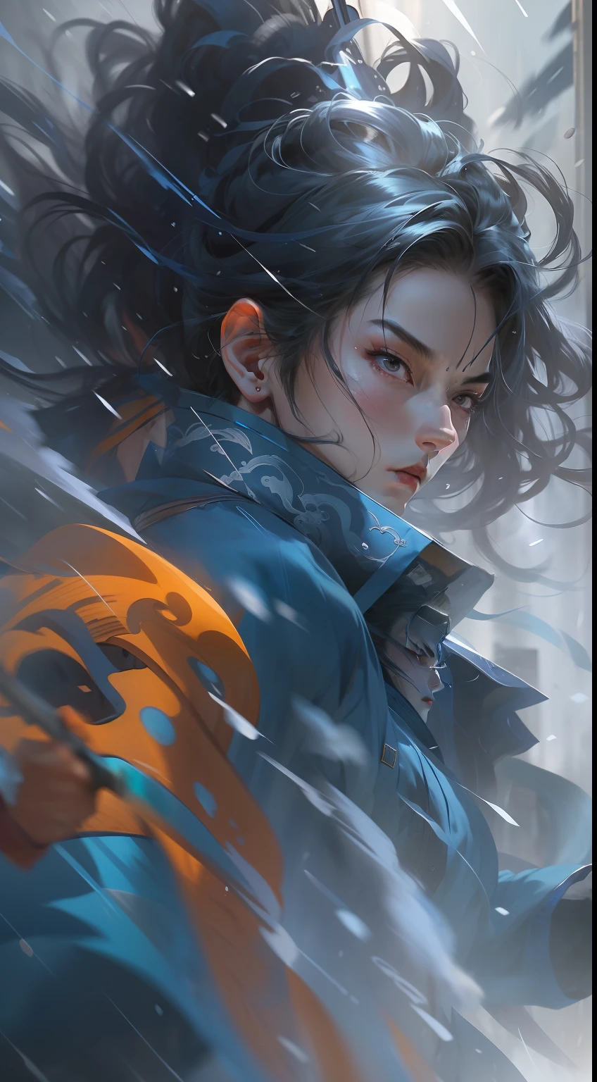 A cold-blooded killer，Martial arts action，Combat posture，Blue sword，Blue streamer，looks into camera，Extreme flow，Motion blur，turbulence，thunderclap，Shock wave shock wave，Hair floating in the rain, grim eyes，Cinema lenses，low angles，Created by Xu Beihong，Chinese big splash ink style