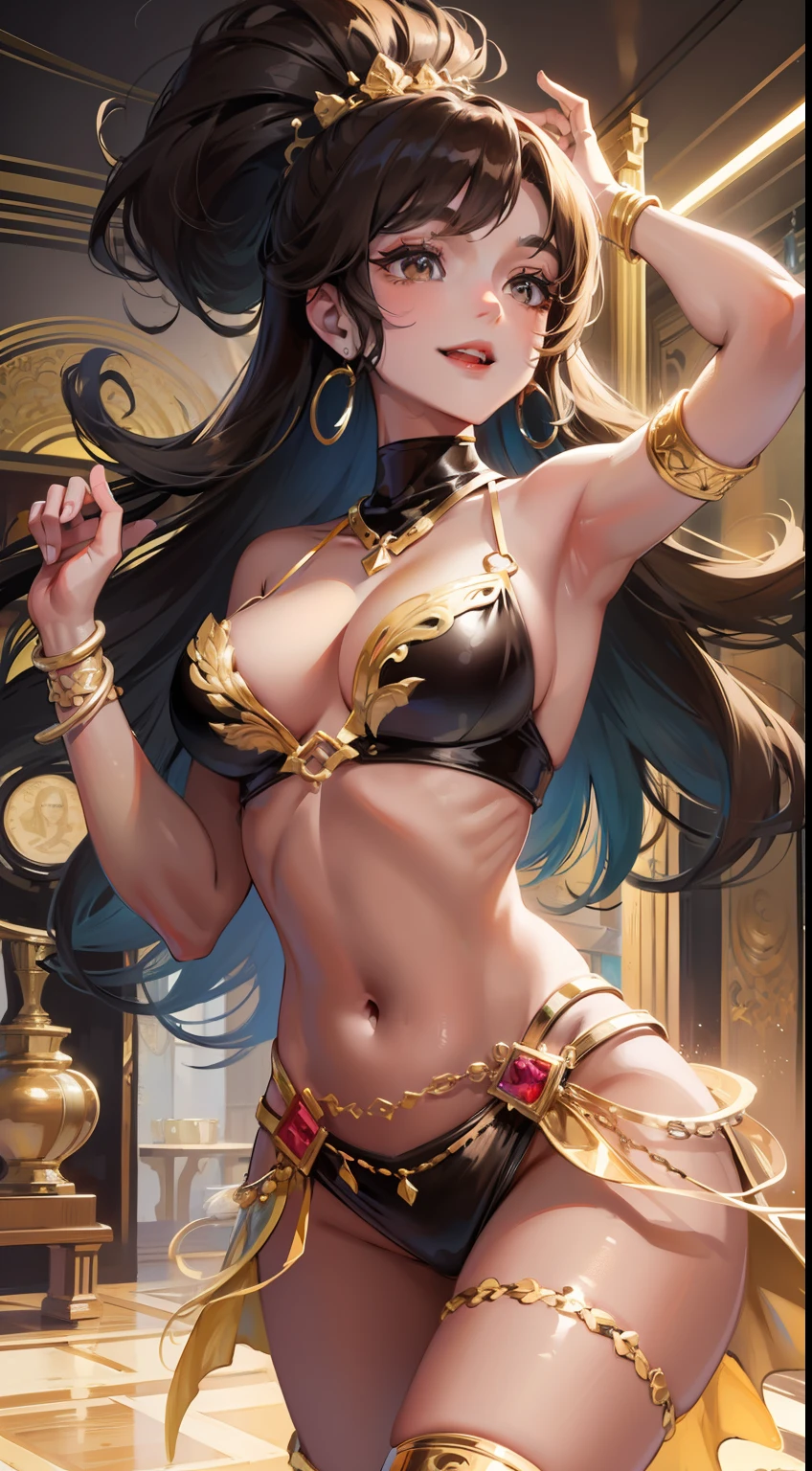 Tall girl, Bronzed Skin, long curly blue-black hair, Brown eyes, Gypsy clothing, gypsy, Smile, Dancing, Masterpiece, hiquality