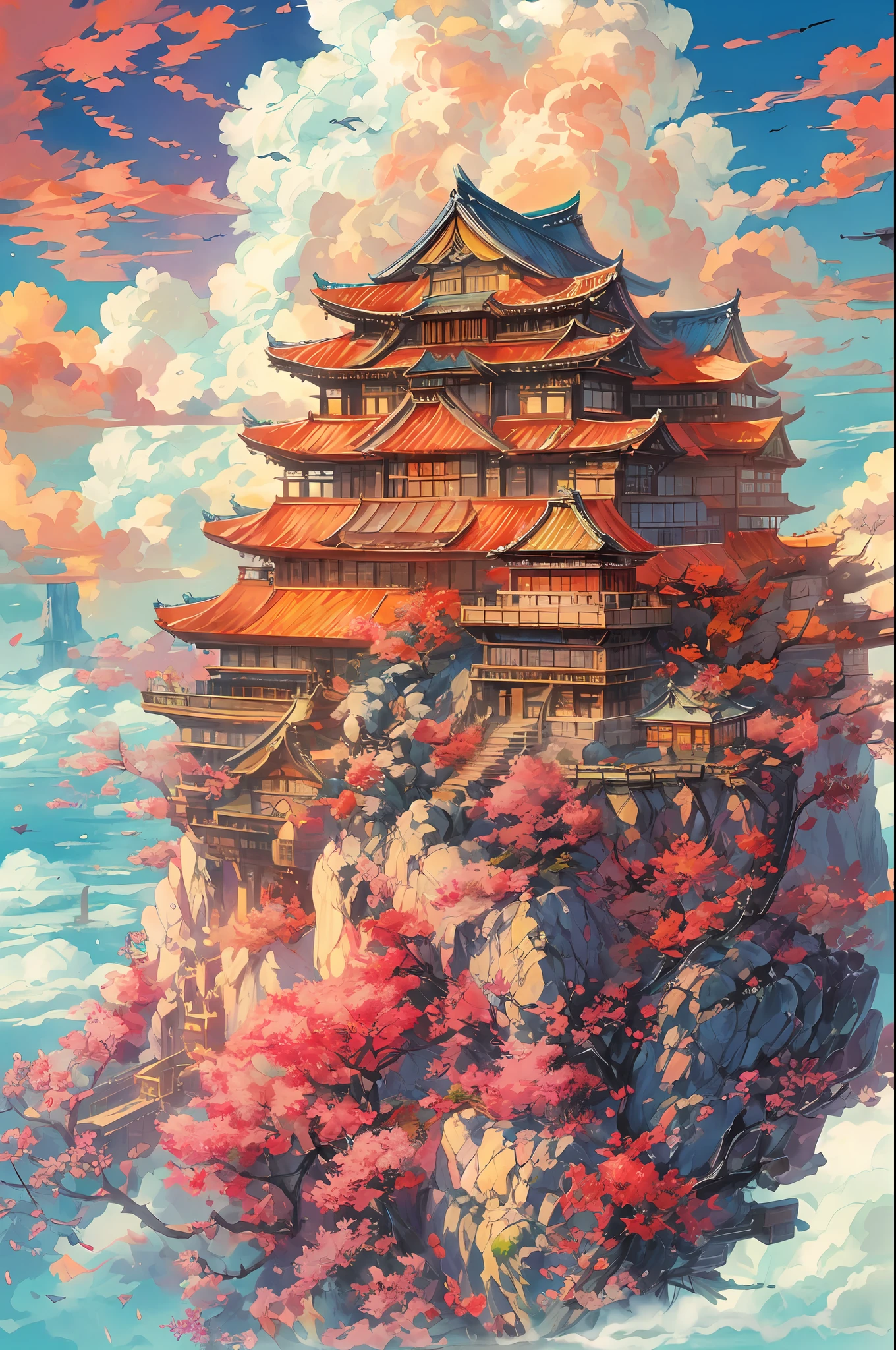 "A breathtaking sky castle, resembling a magnificent Japanese fortress, flying gracefully in the vast sky above the cloud, bathed in the warm radiance of the sun, exuding a vivid and awe-inspiring palette. Masterpiece."