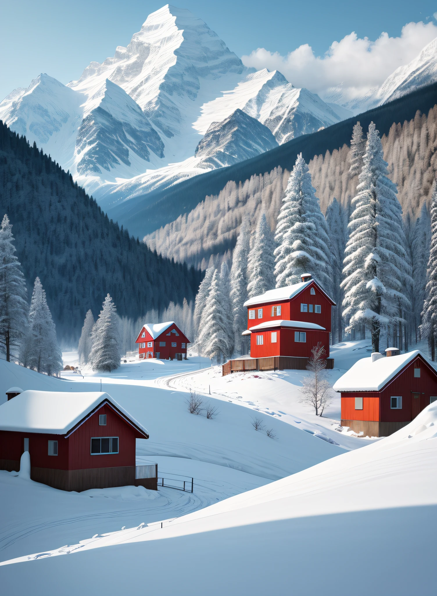 In a snow-capped mountain village,A small house nestled between distant mountains and mountains。White snowflakes played,Gently float down between the trees,It adds a touch of softness and haze to the whole picture。The cyan house and red windows stand out against the white background,They convey a little warmth to the world。The distant peaks blend into the blue sky,It forms a harmonious and beautiful picture,Make people feel the magic and charm of nature,a warm color palette,Ultra-clear photography photos,، simple,peacful,Peaceful