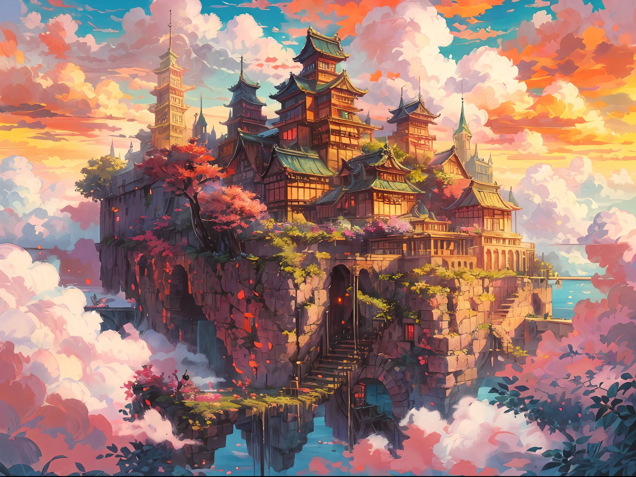 "A majestic castle floating on a sky island, reminiscent of a japanese-style fortress, suspended above fluffy clouds, basking in the warm glow of the sun, radiating vibrant colors. Masterpiece."
