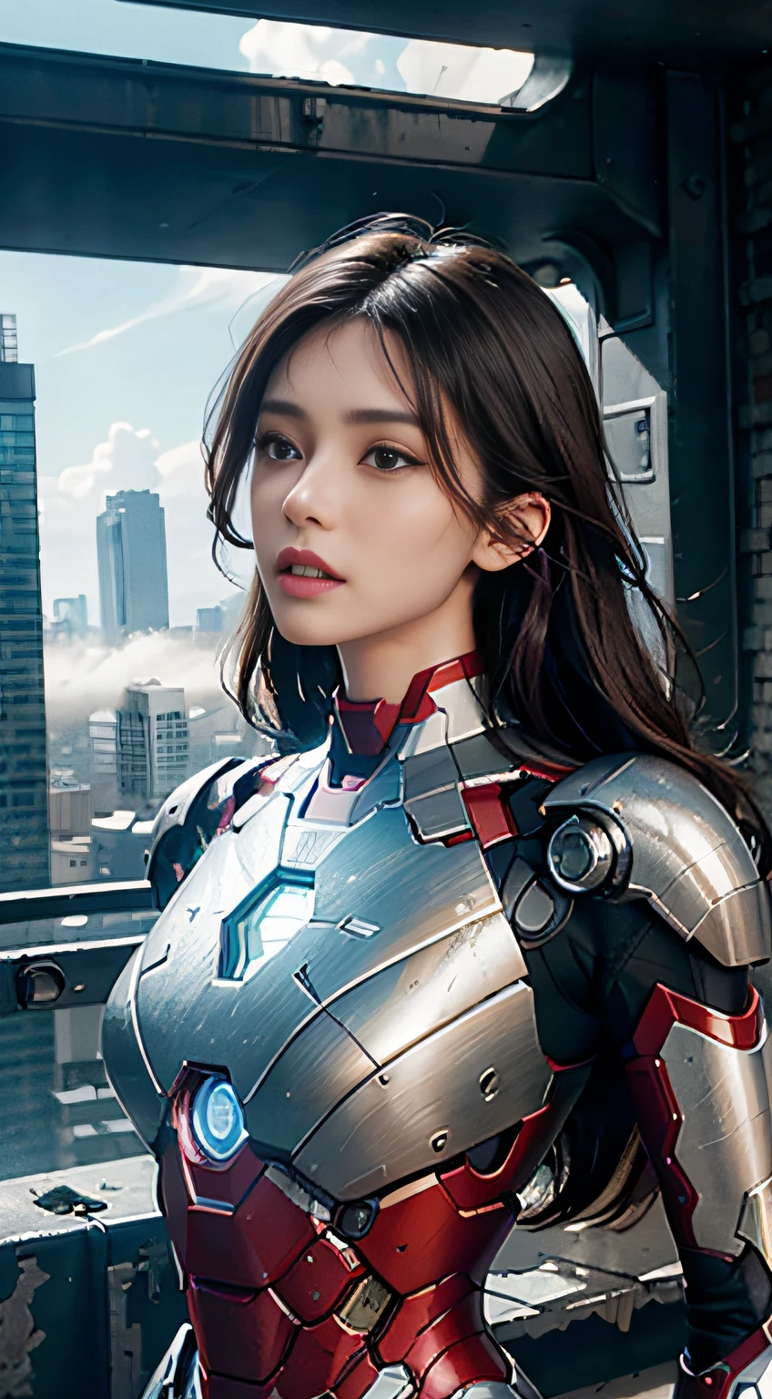 RAW, Masterpiece, Ultra Fine Photo,, Best Quality, Ultra High Resolution, Photorealistic, Sunlight, Full Body Portrait, Stunningly Beautiful,, Dynamic Poses, Delicate Face, Vibrant Eyes, (Side View) , she is wearing a futuristic Iron Man mech, red and gold color scheme, highly detailed abandoned warehouse background, detailed face, detailed and complex busy background, messy, gorgeous, milky white, high detailed skin, realistic skin details, visible pores , sharp focus, volumetric fog, 8k uhd, dslr camera, high quality, film grain, fair skin, photorealism, lomography, sprawling metropolis in futuristic dystopia, view from below, translucent