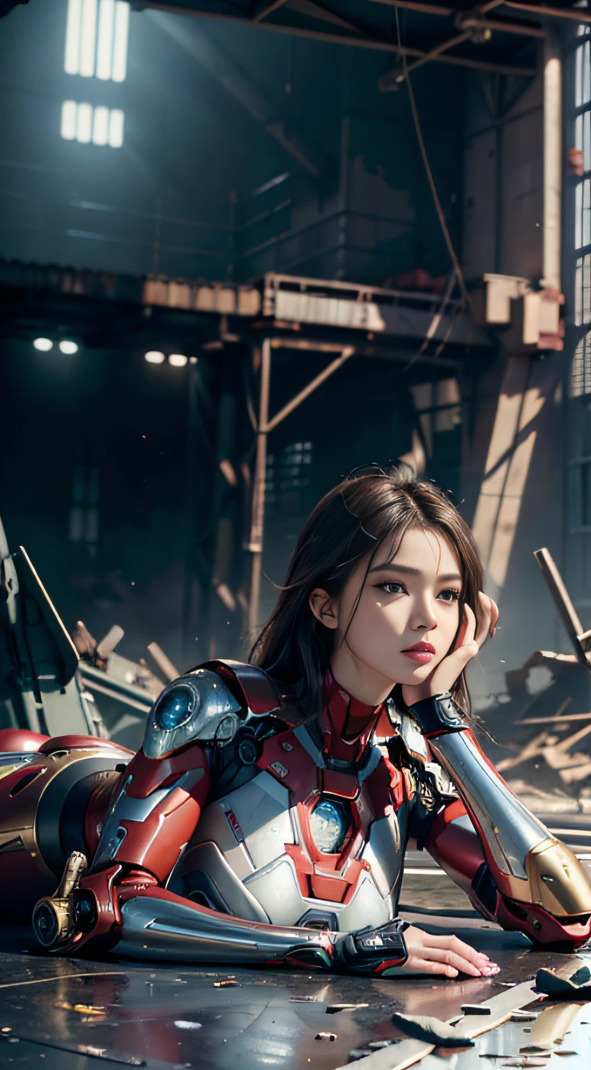 RAW, Masterpiece, Ultra Fine Photo,, Best Quality, Ultra High Resolution, Photorealistic, Sunlight, Full Body Portrait, Stunningly Beautiful,, Dynamic Poses, Delicate Face, Vibrant Eyes, (Side View) , she is wearing a futuristic Iron Man mech, red and gold color scheme, highly detailed abandoned warehouse background, detailed face, detailed and complex busy background, messy, gorgeous, milky white, high detailed skin, realistic skin details, visible pores , sharp focus, volumetric fog, 8k uhd, dslr camera, high quality, film grain, fair skin, photorealism, lomography, sprawling metropolis in futuristic dystopia, view from below, translucent