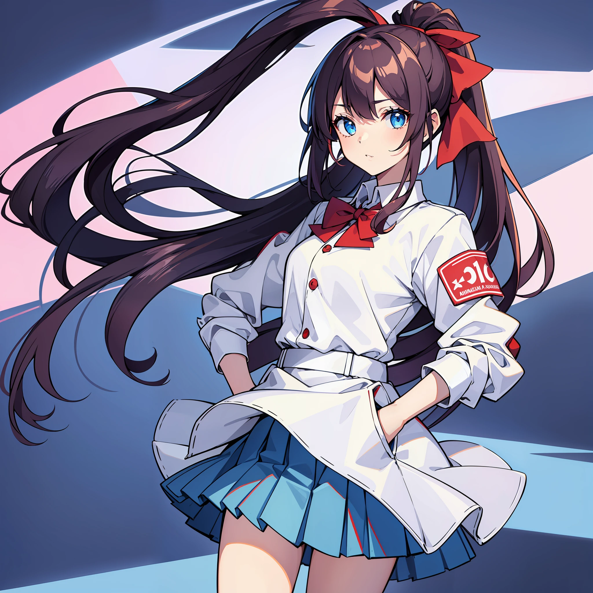 masterpiece, best quality, highres, 1girl amikura ponytail hair ribbon, school uniform white skirt red jacket blue shirt blue bowtie hands in pockets, "Create a masterpiece with the best quality, high-resolution, and meticulously detailed eyes, 1 girl, solo, emerald eyes, dark pink hair, long straight hair with a small curly ponytailon each side
