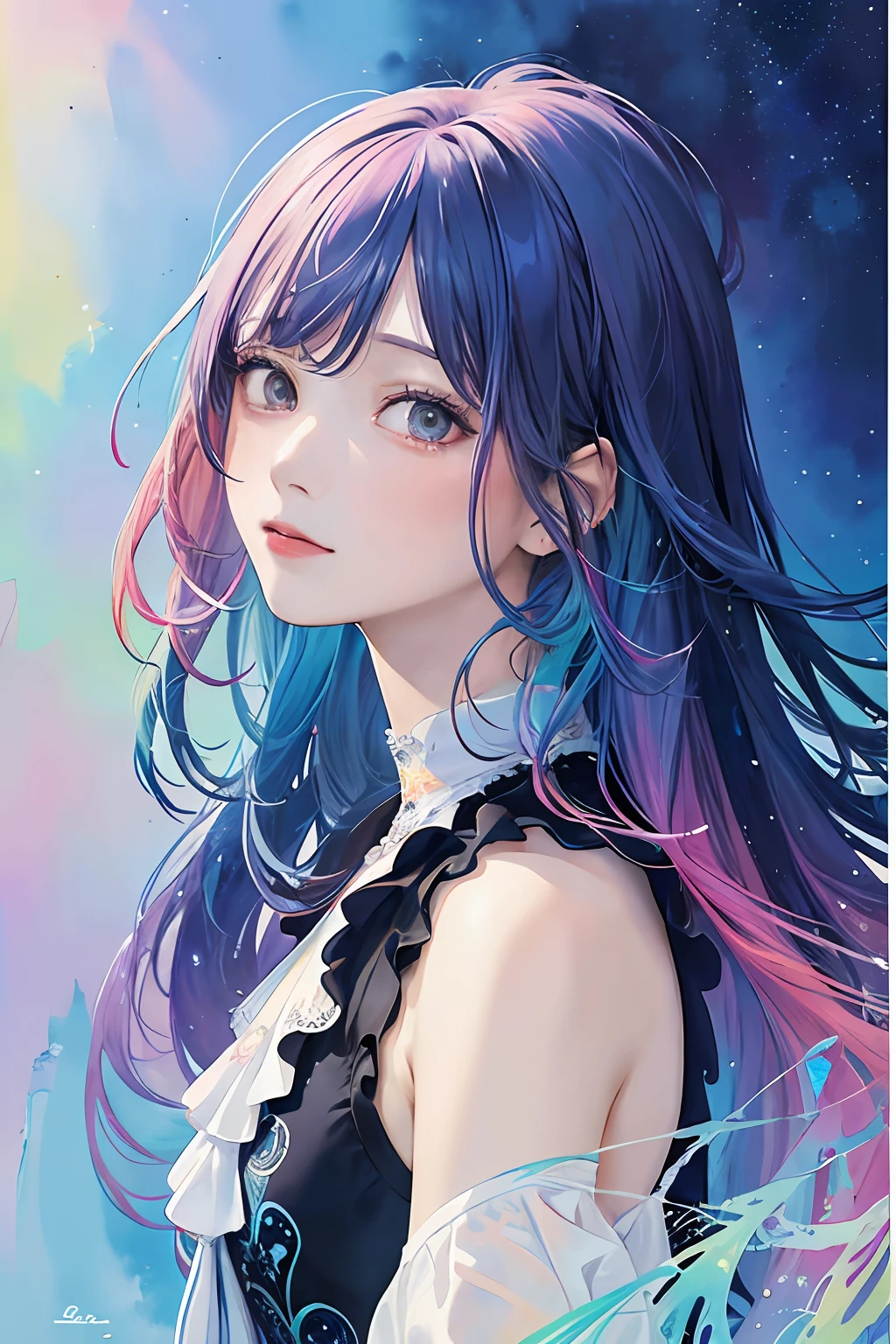 (masterpiece, top quality, best quality,watercolor (medium),official art, beautiful and aesthetic:1.2),(1girl:1.3), (fractal art:1.3),upper body, from side, looking at viewer,patterns,(rainbow color Hair,colorful hair,half blue and half pink hair:1.2),water,liquid, cloud,colorful, starry,stars,