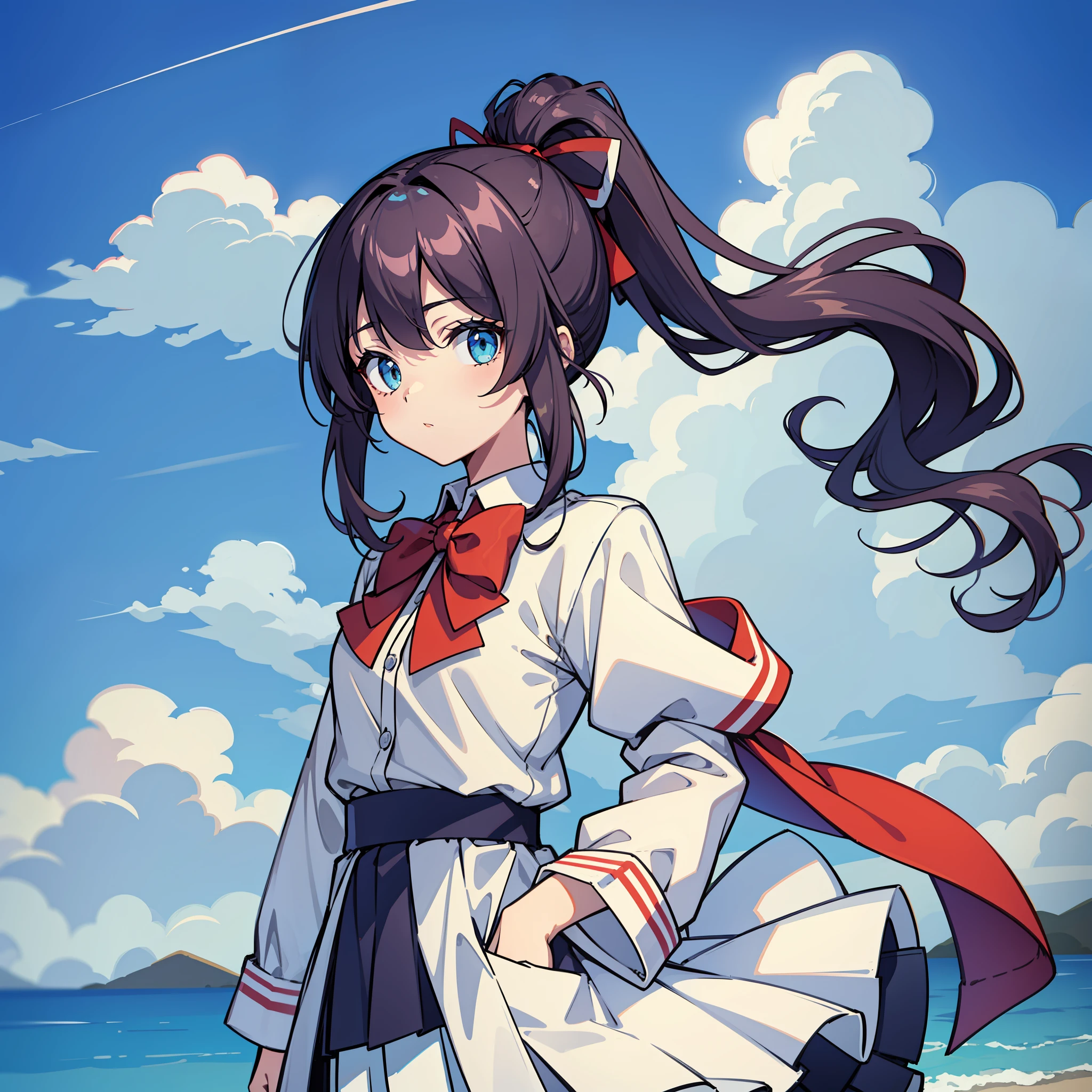 masterpiece, best quality, highres, 1girl amikura ponytail hair ribbon, school uniform white skirt red jacket blue shirt blue bowtie hands in pockets, "Create a masterpiece with the best quality, high-resolution, and meticulously detailed eyes, 1 girl, solo, emerald eyes, dark pink hair, long straight hair with a small curly ponytailon each side