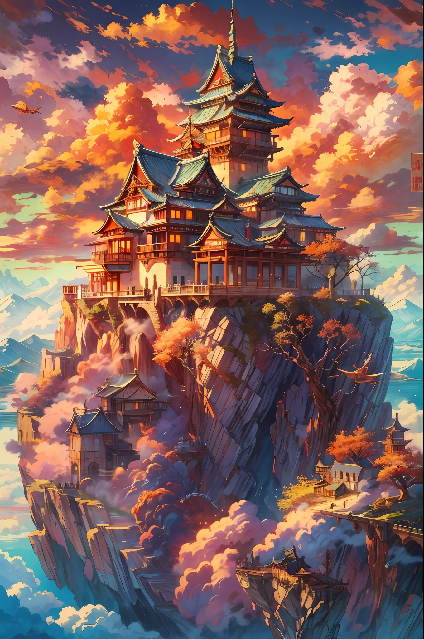 "A majestic castle floating on a sky island, reminiscent of a japanese-style fortress, suspended above fluffy clouds, basking in the warm glow of the sun, radiating vibrant colors. Masterpiece."