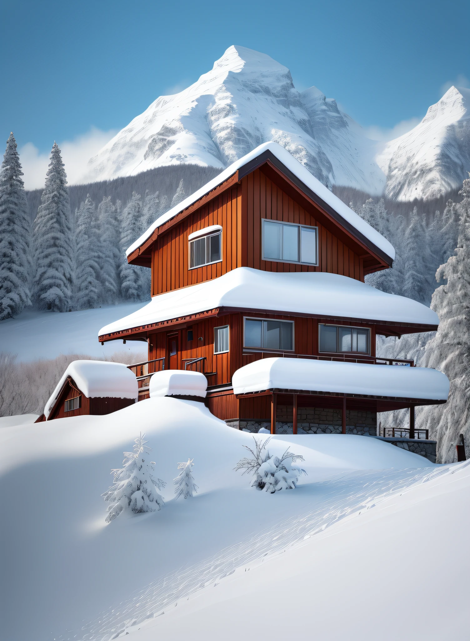 In a snowy mountain village,Small house nestled between distant mountains and mountains。White snowflakes are playing,Float gently between the trees,It adds a touch of softness and haze to the whole picture。The cyan house and red windows stand out against a white background,They convey a little warmth to the world。The distant peaks blend in with the blue sky,It forms a harmonious and beautiful picture,Make people feel the magic and charm of nature,a warm color palette,Ultra-clear photographs,، simple,peacful,Peaceful