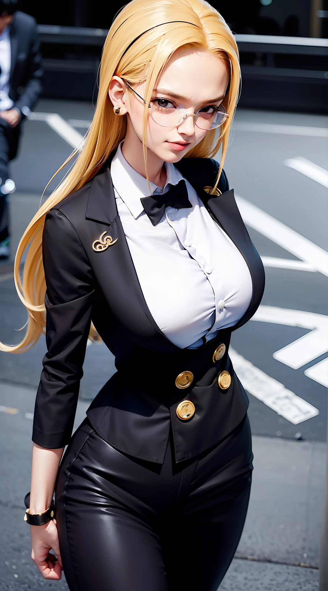 kalifa from anime one piece, long hair, blonde hair, beautiful, beautiful woman, wears earrings, wears a watch on her left hand, perfect body, stands, wears white formal shirt, wears black formal suit, black pants, wears clothes formal, looking at the audience, smiling, being in the city of Tokyo, being on the side of the road, in a public place, wearing glasses