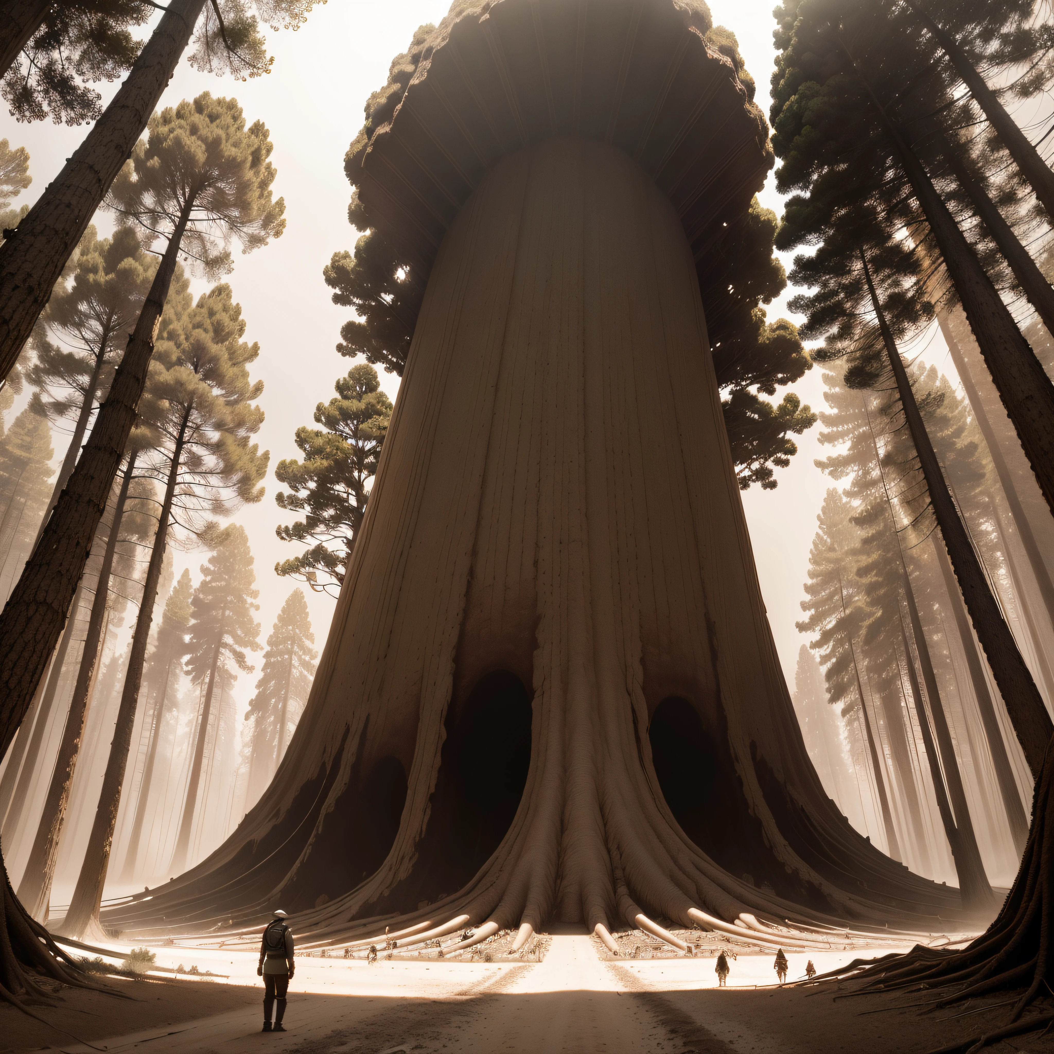 (extremadamente detallado, obra maestra, La mejor calidad, Tono sepia), un gigante con un hacha camina por un bosque. meteorito en el suelo, agujero profundo, Giant crater. burned trees. Oggre hidden among the trees. Daytime Lighting.