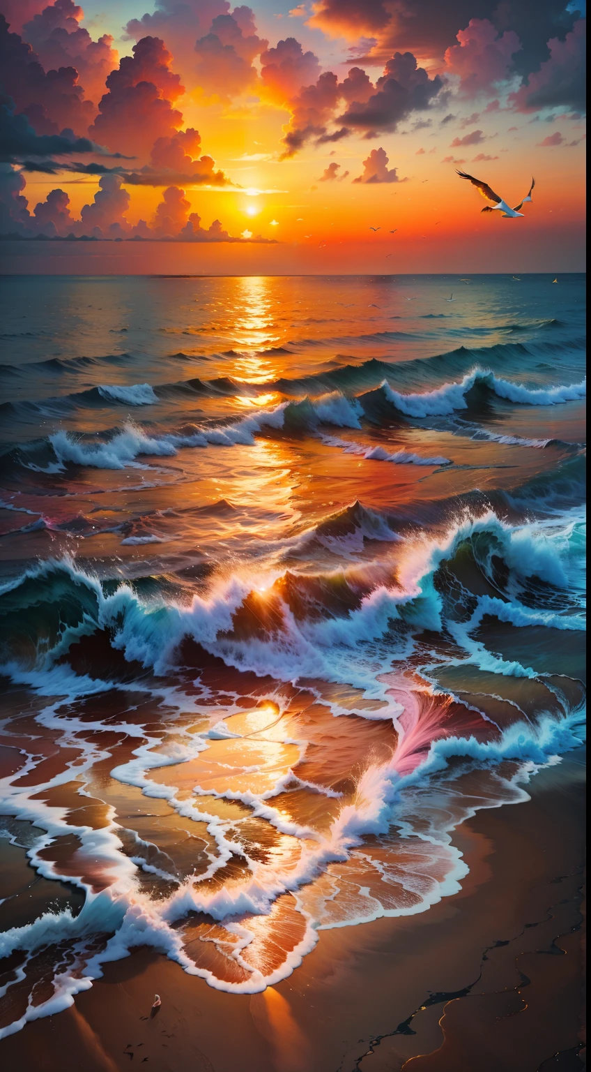 An absolutely mesmerizing sunset on the beach, with a mix of orange, pink, and yellow in the sky. The water is crystal clear, gently kisses the coast, and the white sand is endless. The scene is dynamic and breathtaking, with seagulls soaring high in the sky and palm trees swaying softly. Immerse yourself in the calm atmosphere and let the serenity surround you.