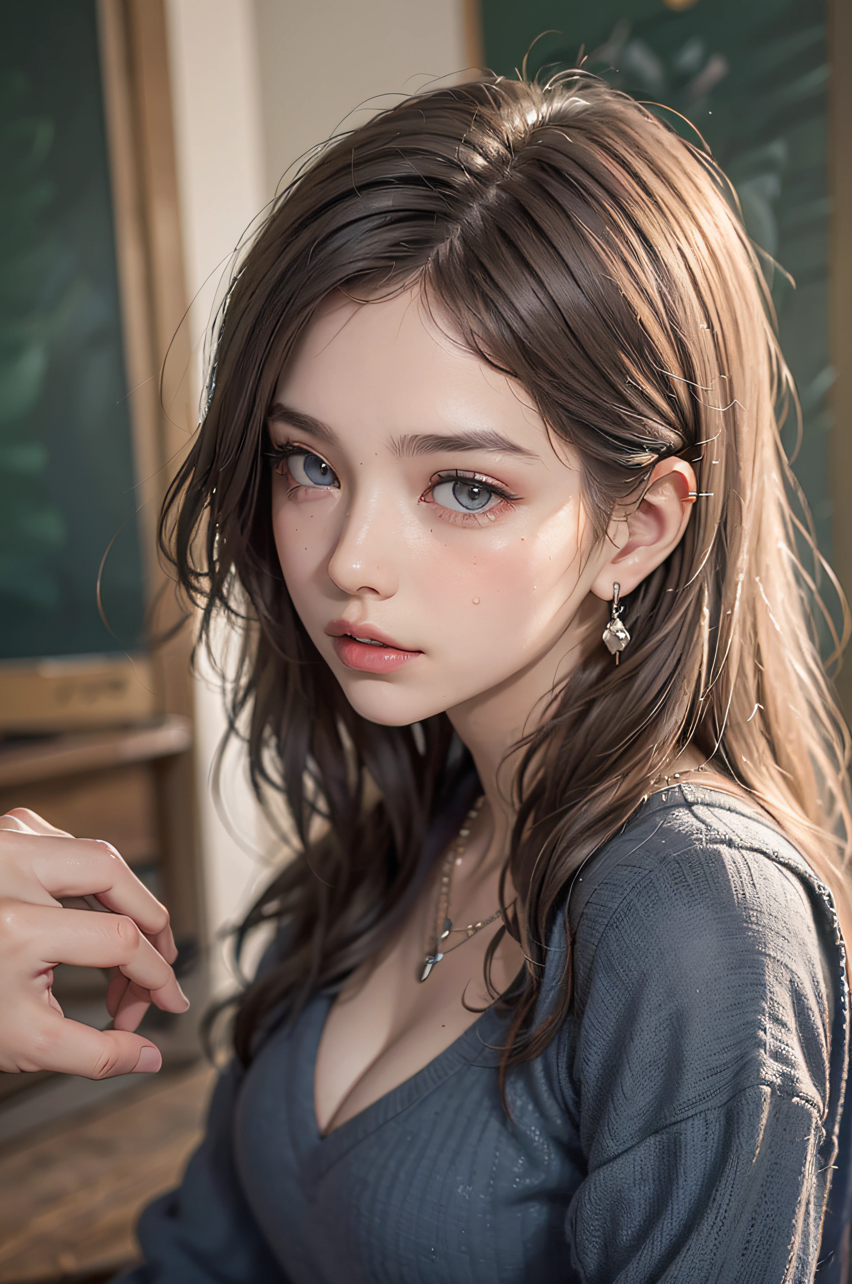 (masutepiece: 1.3), (max resolution: 1.2), (Ultra HDTV: 1.2), cinematric light, 8K resolution, Detailed eyes and skin, detailed facial features, , (Sharp Focus: 1.2), (Focus on Face:1.2),Perfect Style, Beautiful face, acurate, Anatomically correct, Highly detailed face and skin texture, Detailed eyes, Double eyelids, Thin eyebrows, Glitter Eyeliner: 1 Natural cheeks, Glossy skin, Fair skin: 1.2, (Glossy lips: 1.4),、 (Shy look: 1.2),Highly detailed facial and skin texture, Detailed eyes, Double eyelids, Natural cheeks, , shiny lips: 1.4,Exposed cleavage、(A large amount of sperm in the chest:1.4)(Large amount of sperm in the thighs:1.2)、 red blush、humiliated、impatience、dismay、Frightened、glares、Tears、embarrassed from、Open knees、open one's legs、rub one's breasts、(Masturbation behavior:1.6)、rubbing the genitals with fingers,,White underwear、White bra、Shiny little earrings and necklaces、Disheveled clothes、Dressing、Exposed panties、Wearing sweat、sodden、Sheer underwear、Full body like、 18year old, Neat and clean woman , upturned breasts,Sitting at a desk, Classroom、Blue ash eyes,(hi-school girl:1.6)、