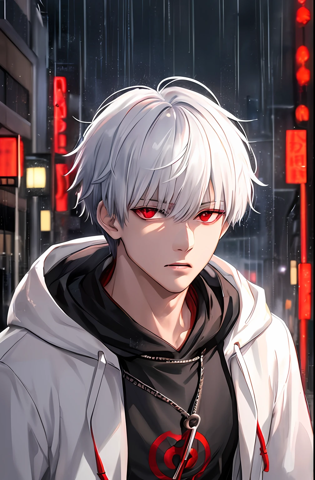 kk, best quality, more details, masterpiece, 1boy, kaneki ken, portrait, male focus, red eyes, solo, bangs, looking at viewer, hood, short hair, rain, tokyo tokyo \(city\),  hood up, nail polish, white hair, luxurious, 8k, detailed, ray tracing, depth of field, cinematic lighting,
