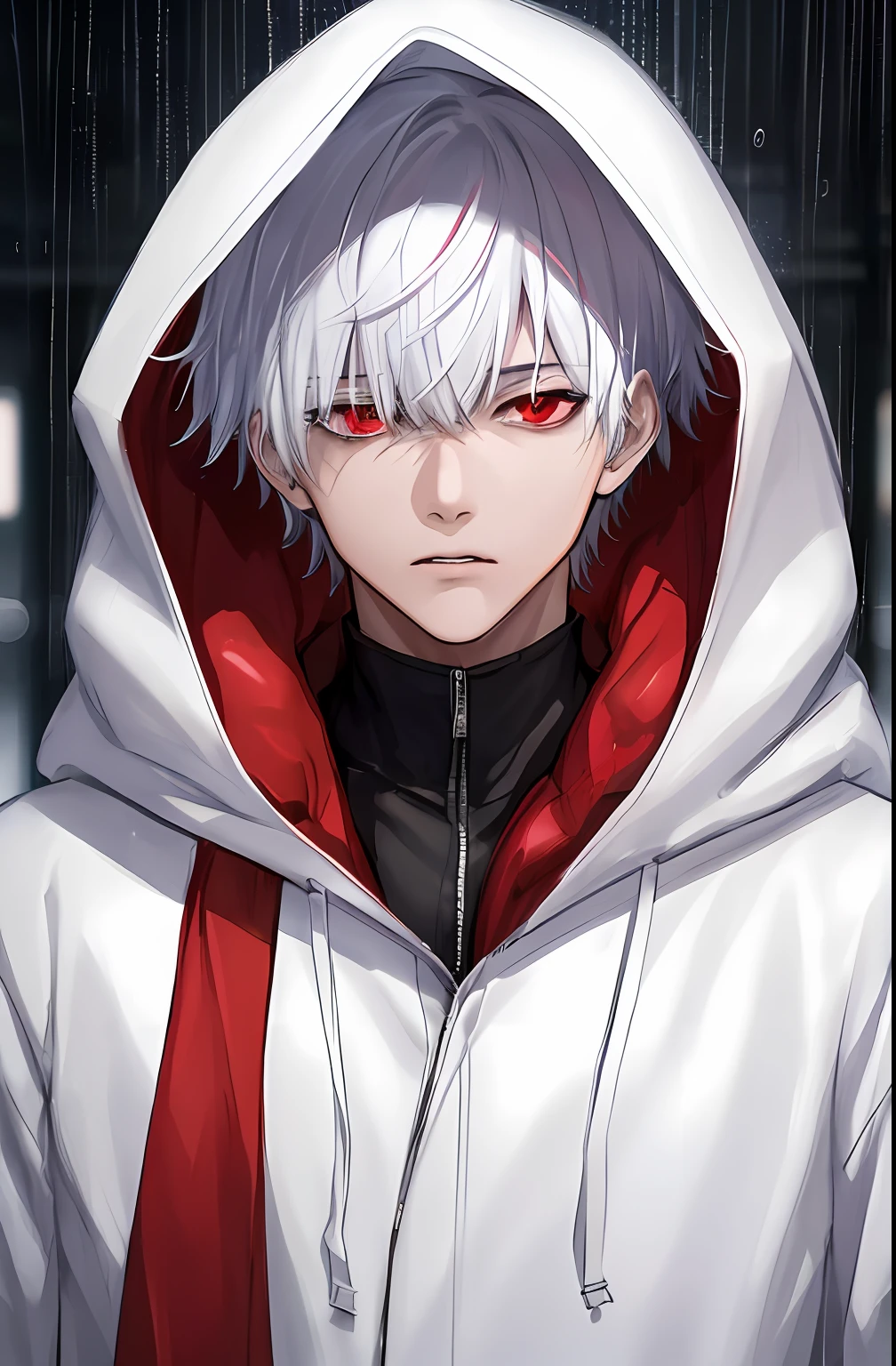 kk, best quality, more details, masterpiece, 1boy, kaneki ken, portrait, male focus, red eyes, solo, bangs, looking at viewer, hood, short hair, rain, tokyo tokyo \(city\),  hood up, nail polish, white hair, luxurious, 8k, detailed, ray tracing, depth of field, cinematic lighting,