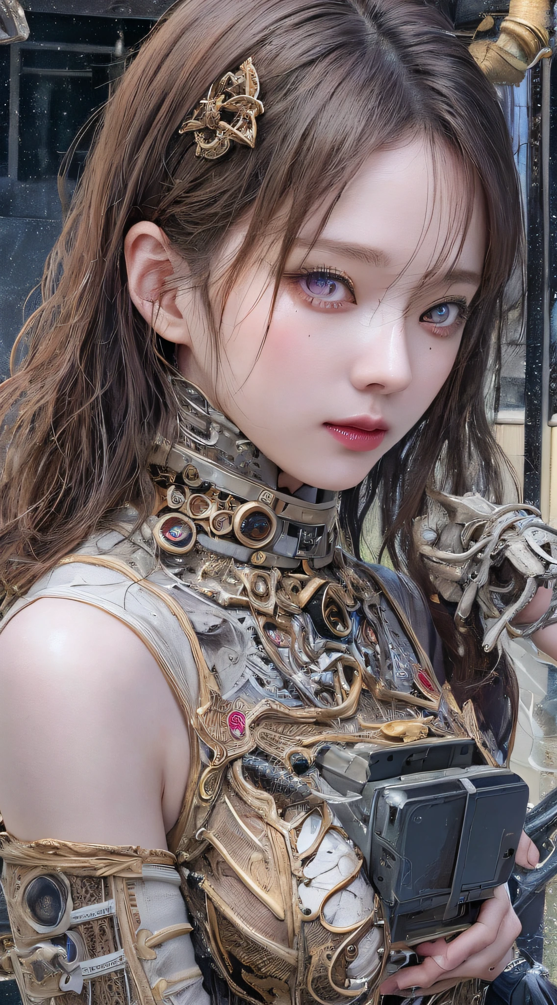 Top Quality, Masterpiece, Ultra High Resolution, (Photorealistic: 1.4), Raw Photo, 1 Girl, Black Hair, Glossy Skin, 1 Mechanical Girl, (Ultra Realistic Details)), Portrait, Global Illumination, Shadows, Octane Rendering, 8K, Ultra Sharp, Big, Cleavage Exposed Raw Skin, Metal, Detail of Intricate Ornaments, Steampunk details, Matsumoto meter, meter, vacuum tube, nixie suga, oil pressure gauge, glass tube, analog meter, gears, golden hydraulic cylinder, very intricate detail, realistic light, CGSoation trend, purple eyes, glowing eyes, facing the camera, neon details, mechanical limbs, blood vessels connected to tubes, mechanical vertebrae attached to the back, mechanical cervical attachment to the neck, sitting, wires and cables connecting to the head, Evangelion, small LED lamps,