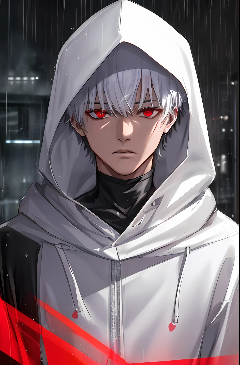 kk, best quality, more details, masterpiece, 1boy, kaneki ken, portrait, male focus, red eyes, solo, bangs, looking at viewer, hood, short hair, rain, tokyo tokyo \(city\), hood up, nail polish, white hair, luxurious, 8k, detailed, ray tracing, depth of field, cinematic lighting,