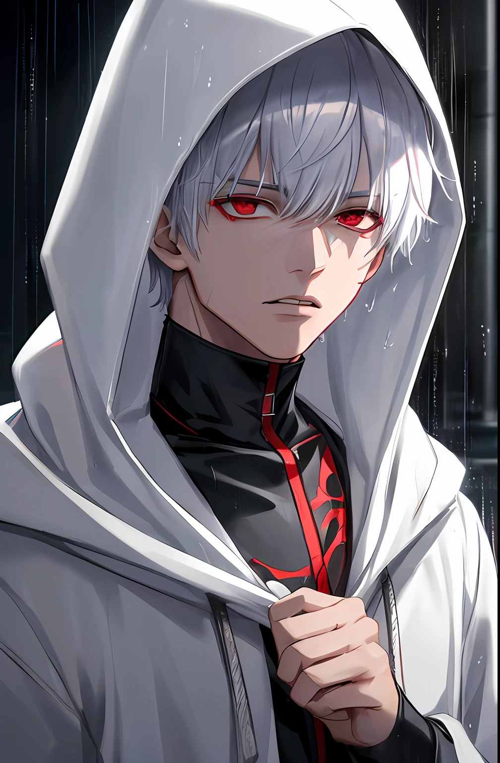 kk, best quality, more details, masterpiece, 1boy, kaneki ken, portrait, male focus, red eyes, solo, bangs, looking at viewer, hood, short hair, rain, tokyo tokyo \(city\),  hood up, nail polish, white hair, luxurious, 8k, detailed, ray tracing, depth of field, cinematic lighting,