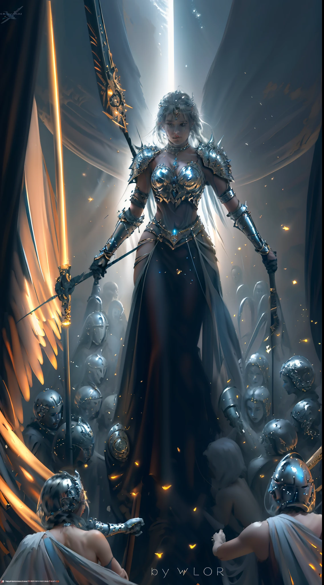 the celestial realm, depict Goddess Selene adorned in radiant armor, wielding a majestic staff with the elements swirling around her. Show her surrounded by fellow celestial beings, standing valiantly against a dark, menacing force threatening to engulf the world., Deatiled face