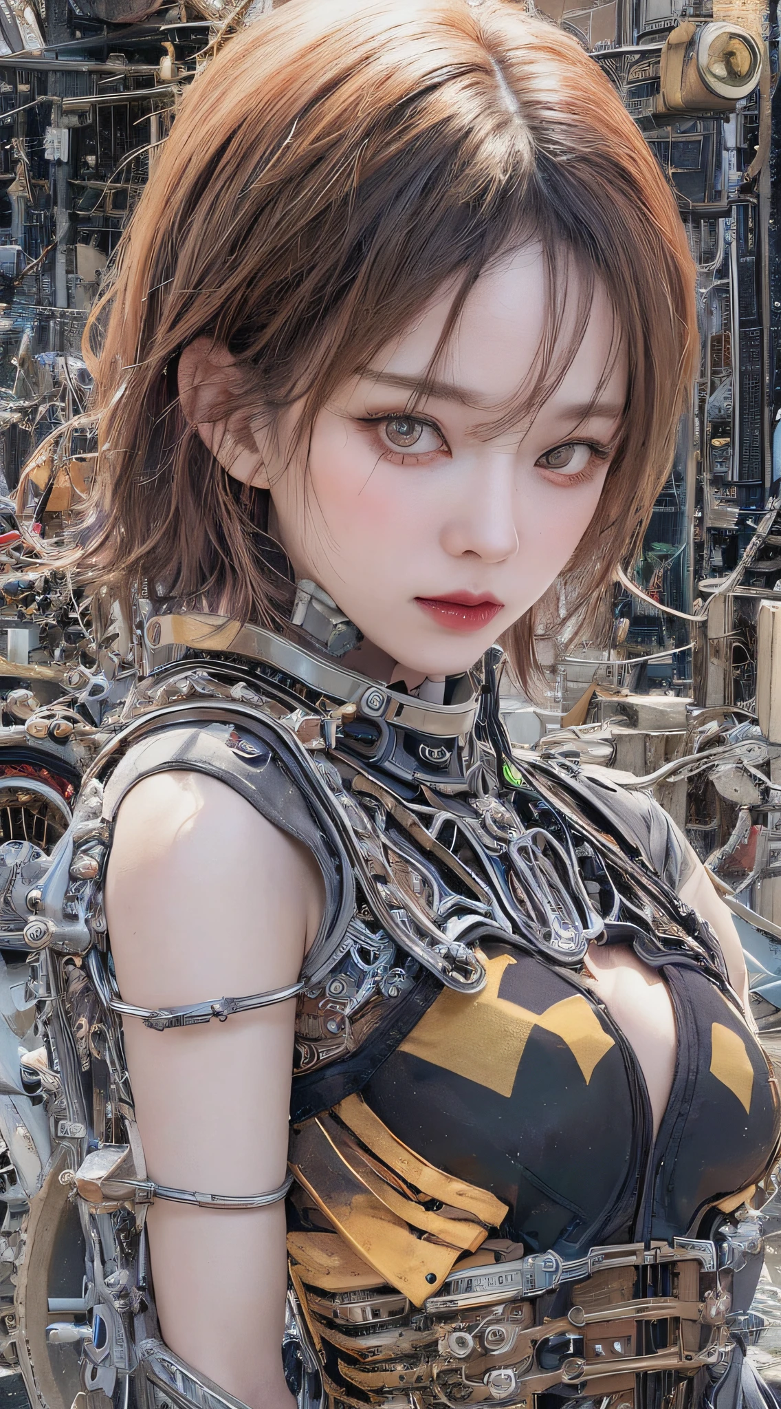 Top Quality, Masterpiece, Ultra High Resolution, (Photorealistic: 1.4), Raw Photo, 1 Girl, Black Hair, Glossy Skin, 1 Mechanical Girl, (Ultra Realistic Details)), Portrait, Global Illumination, Shadows, Octane Rendering, 8K, Ultra Sharp, Big, Cleavage Exposed Raw Skin, Metal, Detail of Intricate Ornaments, Steampunk details, Matsumoto meter, meter, vacuum tube, nixie suga, oil pressure gauge, glass tube, analog meter, gears, golden hydraulic cylinder, very intricate detail, realistic light, CGSoation trend, purple eyes, glowing eyes, facing the camera, neon details, mechanical limbs, blood vessels connected to tubes, mechanical vertebrae attached to the back, mechanical cervical attachment to the neck, sitting, wires and cables connecting to the head, Evangelion, small LED lamps,