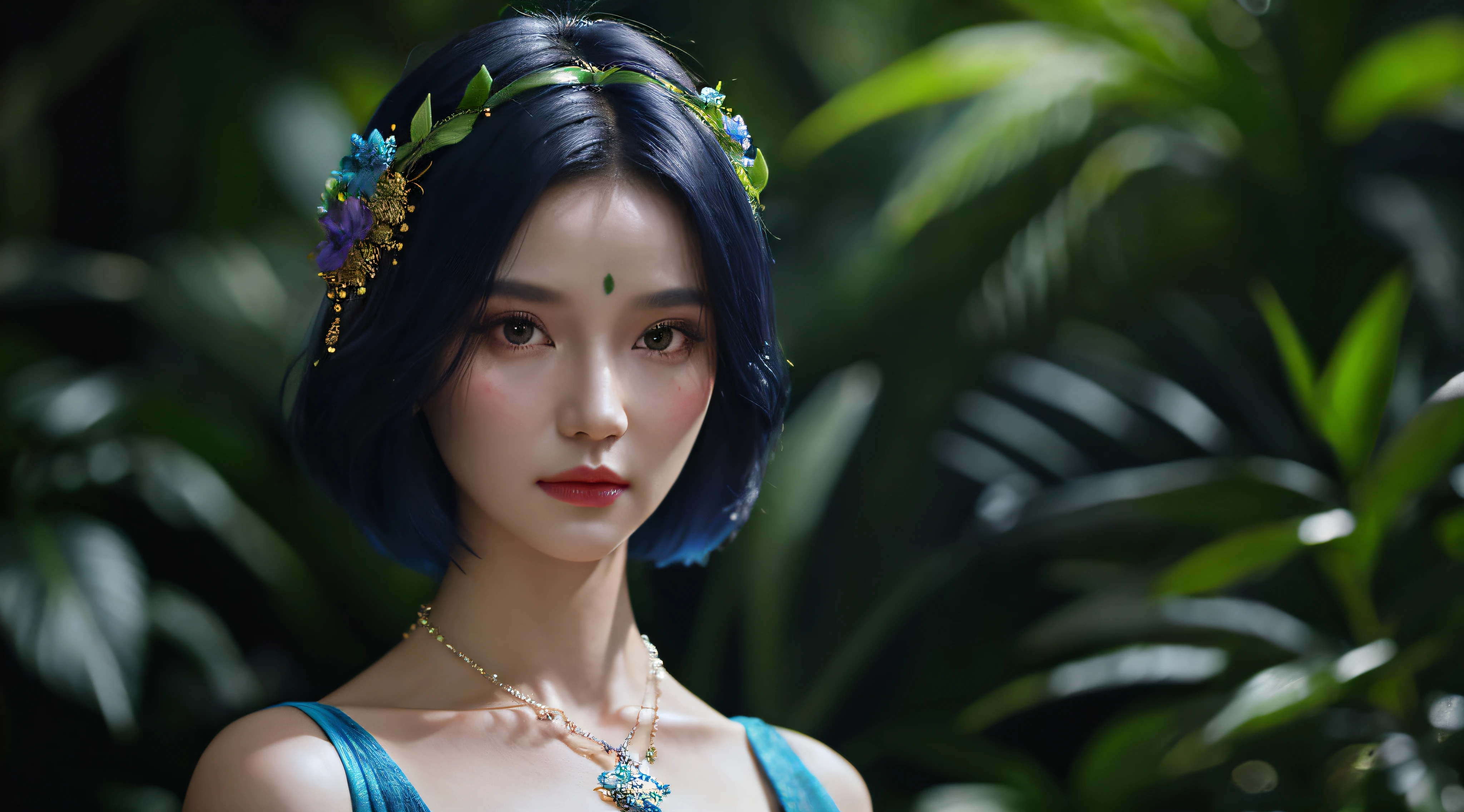 fashion photography portrait of woman avatar, 1girl in blue lush Alien Rainforest with flowers and birds, fantasy, octane render, hdr, Dolby Vision, (intricate details, hyperdetailed:1.2), (natural skin texture, hyperrealism, soft light:1.2), fluffy short hair, , sharp focus, night, necklace, Chinese mythology, cleavage, medium breasts, sci-fi headband, looking at viewer, best quality, perfect body,