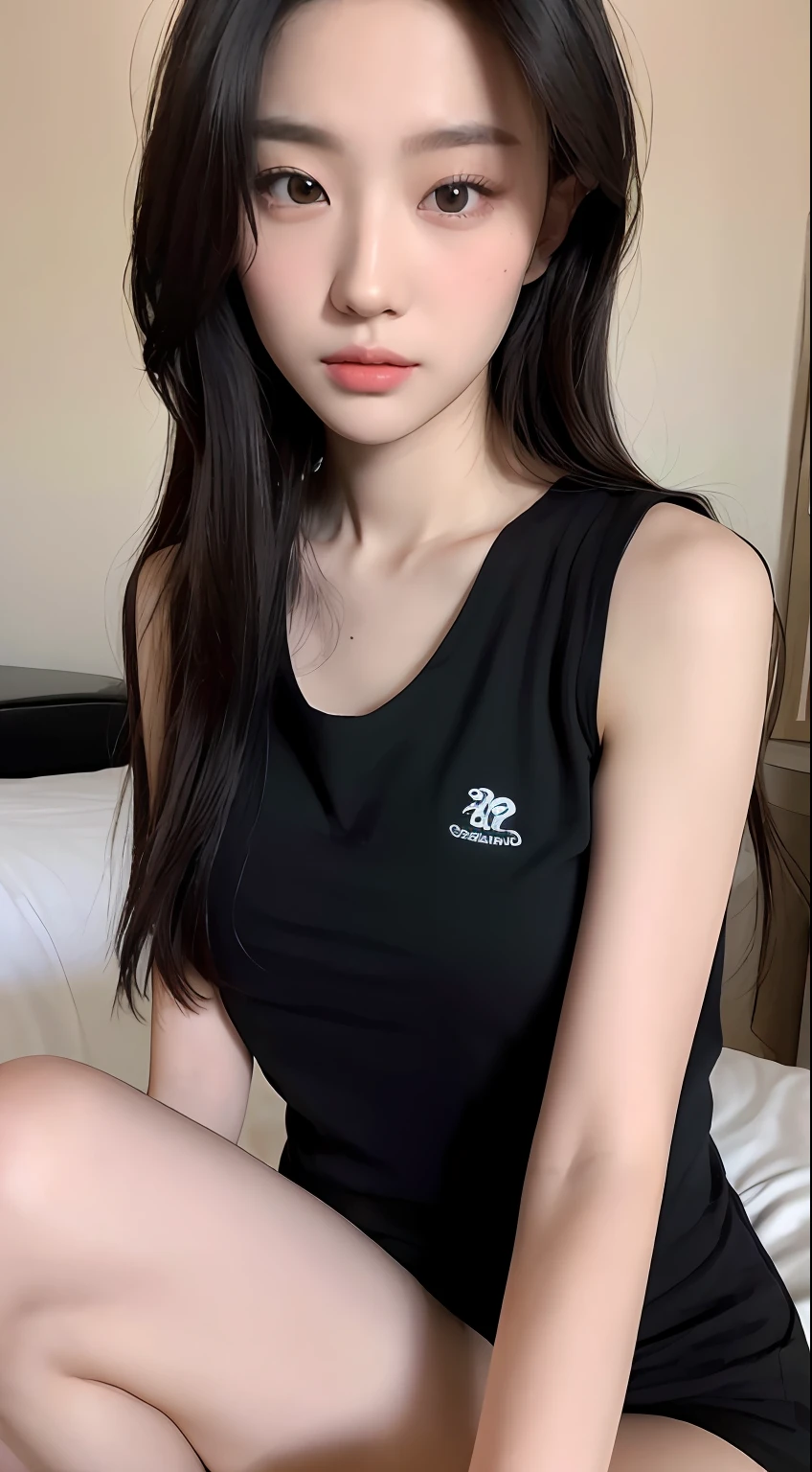 ((Top quality, 8k, Masterpiece: 1.3)), beauty, hidden face, 2 girls, beauty: 1.3, slender abs: 1.1, camisole vest, long black hair, (sitting on bed), ultra-detailed face, highly detailed lips, detailed eyes, double eyelids