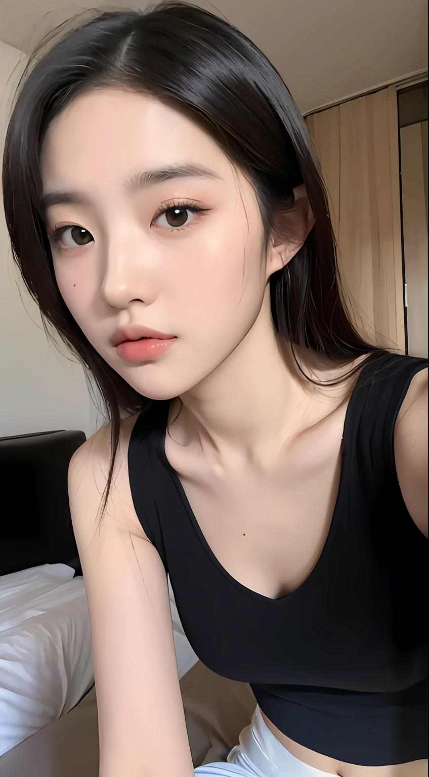 ((Top quality, 8k, Masterpiece: 1.3)), beauty, hidden face, 2 girls, beauty: 1.3, slender abs: 1.1, camisole vest, long black hair, (sitting on bed), ultra-detailed face, highly detailed lips, detailed eyes, double eyelids