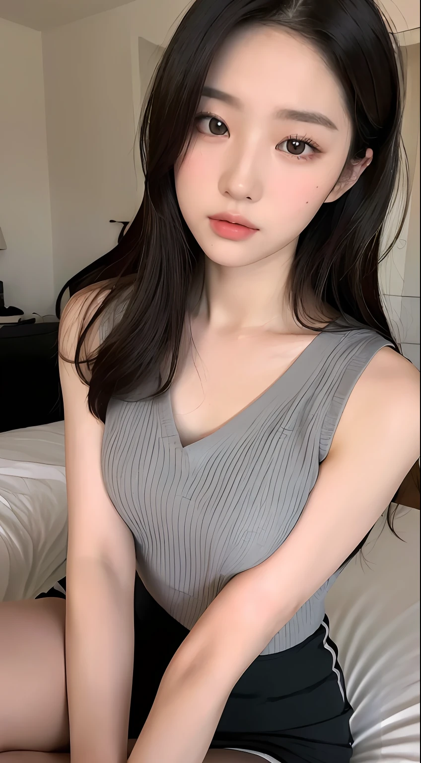 ((Top quality, 8k, Masterpiece: 1.3)), beauty, hidden face, 2 girls, beauty: 1.3, slender abs: 1.1, camisole vest, long black hair, (sitting on bed), ultra-detailed face, highly detailed lips, detailed eyes, double eyelids