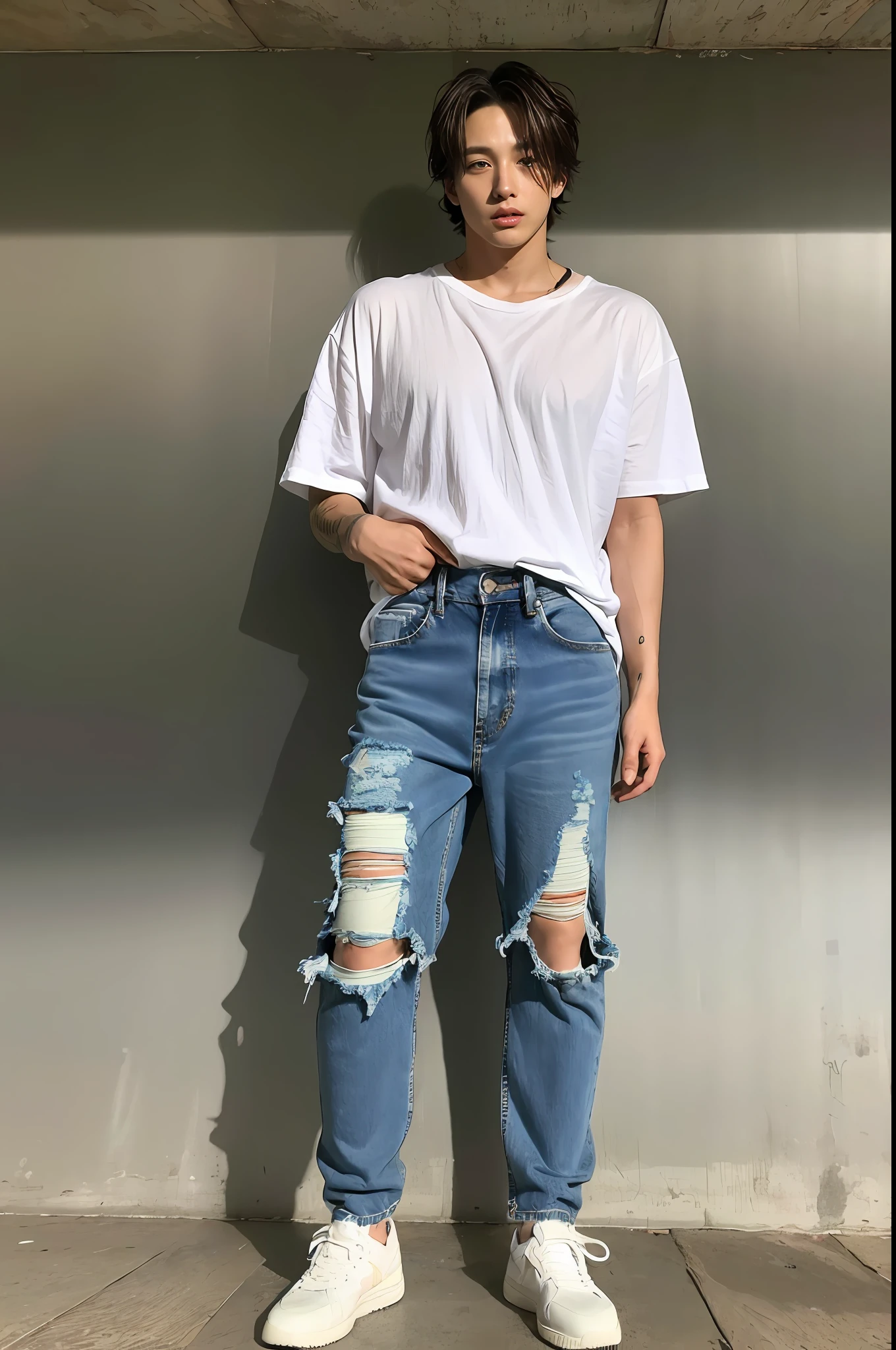 Um garoto coreano , wearing ripped jeans, Torn pants, (Jeans rasgada) (Torn pants), posing for photo shoot , corpo inteiro, fundo liso, jungkook, jungkook taeyang Jimim 1 boy, 1 homem, homem masculino coreano, homem masculino sozinho coreano sozinho, solo, sozinho