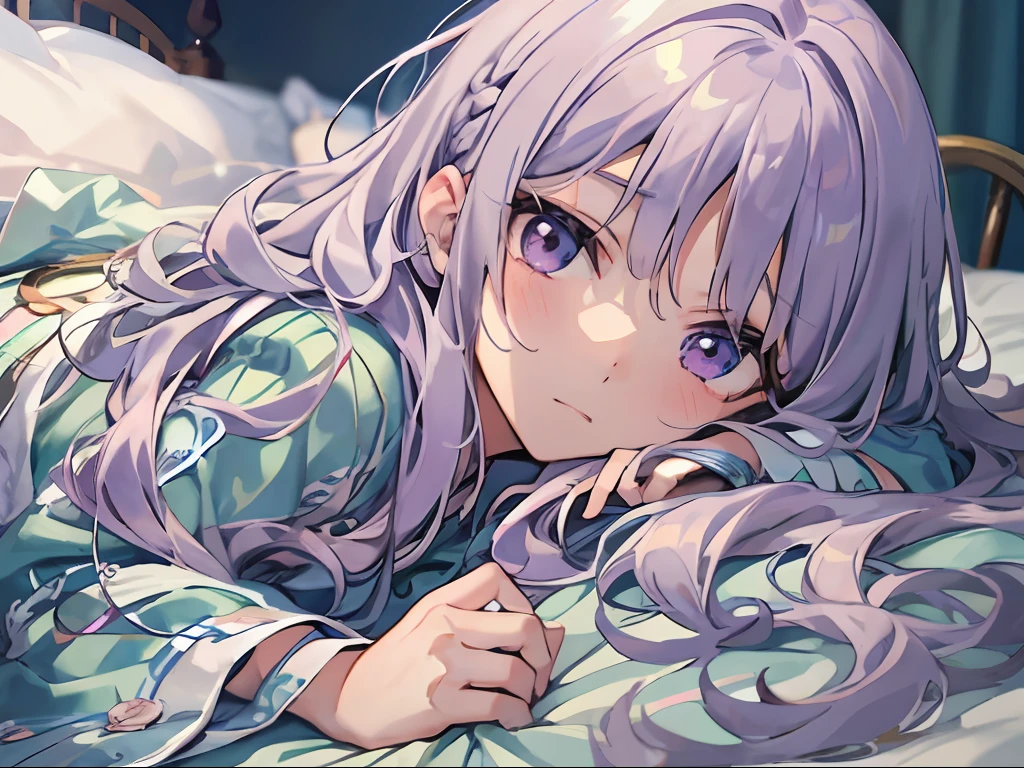 Best quality, tmasterpiece, A -yeld giLong light purple hair and purple eyes,Lying flat on a shabby bed covered with a thick quilt,The expression is weak and pitiful