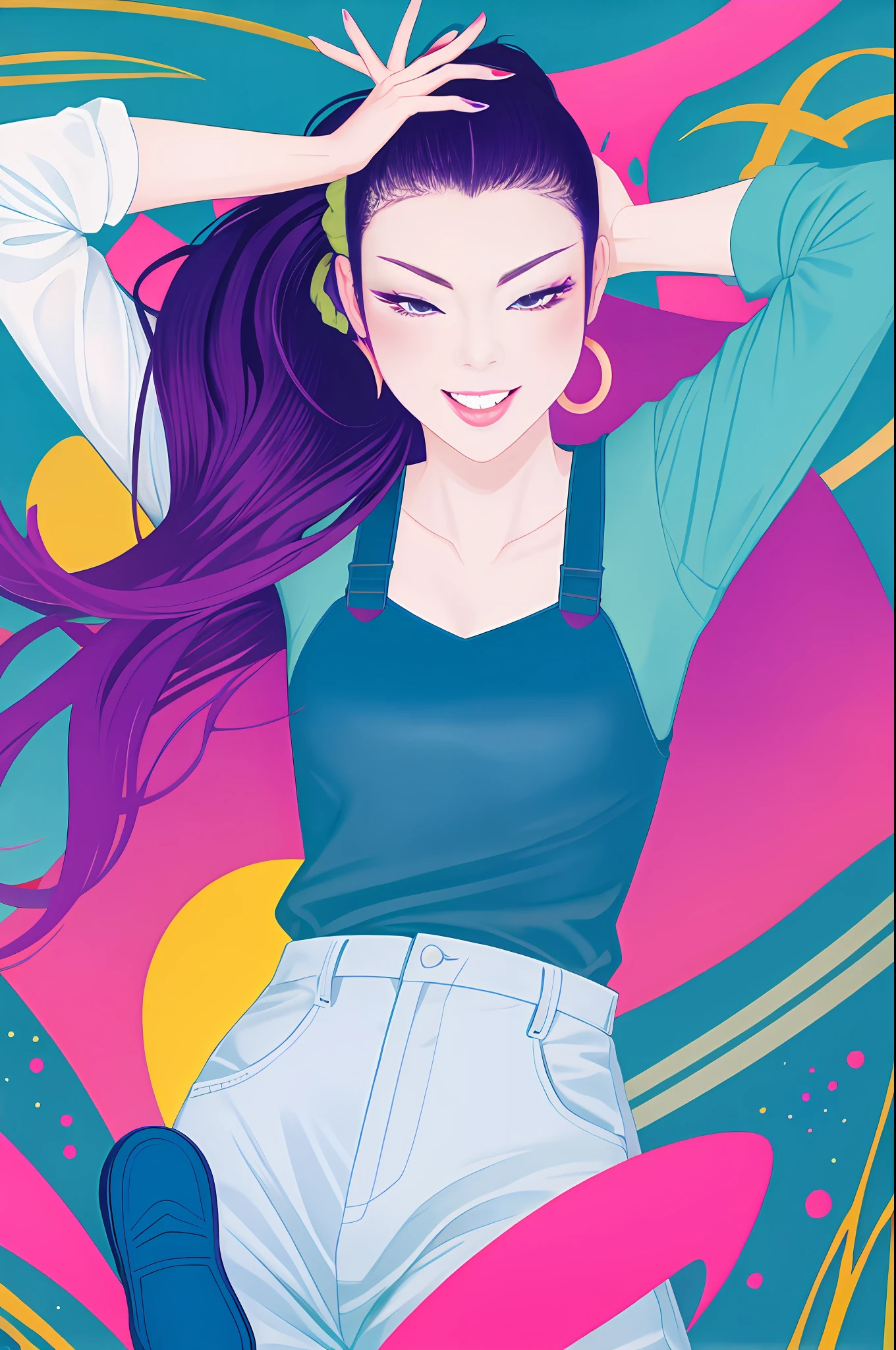 1girl in, Vector art, flat-colors, pop-art, Pattern, city scenery, Hoodie, Shorts, sneakers, bob cuts, Full body, 1girl in, Virtual Youtuber, overalls, Solo, Purple eyes, Hair bun, Paint Splatter, White background, Full body, Looking at Viewer, 鎖骨, shoes, green footwear, Simple background, Double Hairpan, multicolored hair, Splatters of paint on the face, Smile, Double Side Van, Side Ponytail, Shirt, Open mouth, Pink hair, blush, sneakers, Long hair, breasts, shairband, Bangs, nude, Blue hair, Scrunchie, wrist scrunchie, Arms up, lofi color, (Hiperov), (masutepiece,Best Quality:1.5)