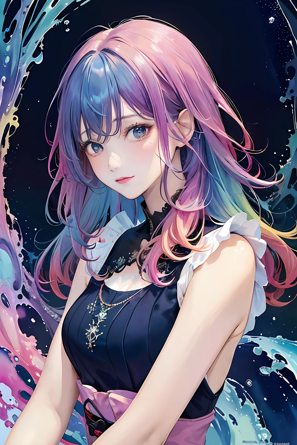(masterpiece, top quality, best quality,watercolor (medium),official art, beautiful and aesthetic:1.2),(1girl:1.3), (fractal art:1.3),upper body, from side, looking at viewer,patterns,(rainbow color Hair,colorful hair,half blue and half pink hair:1.2),water,liquid, cloud,colorful, starry,stars,