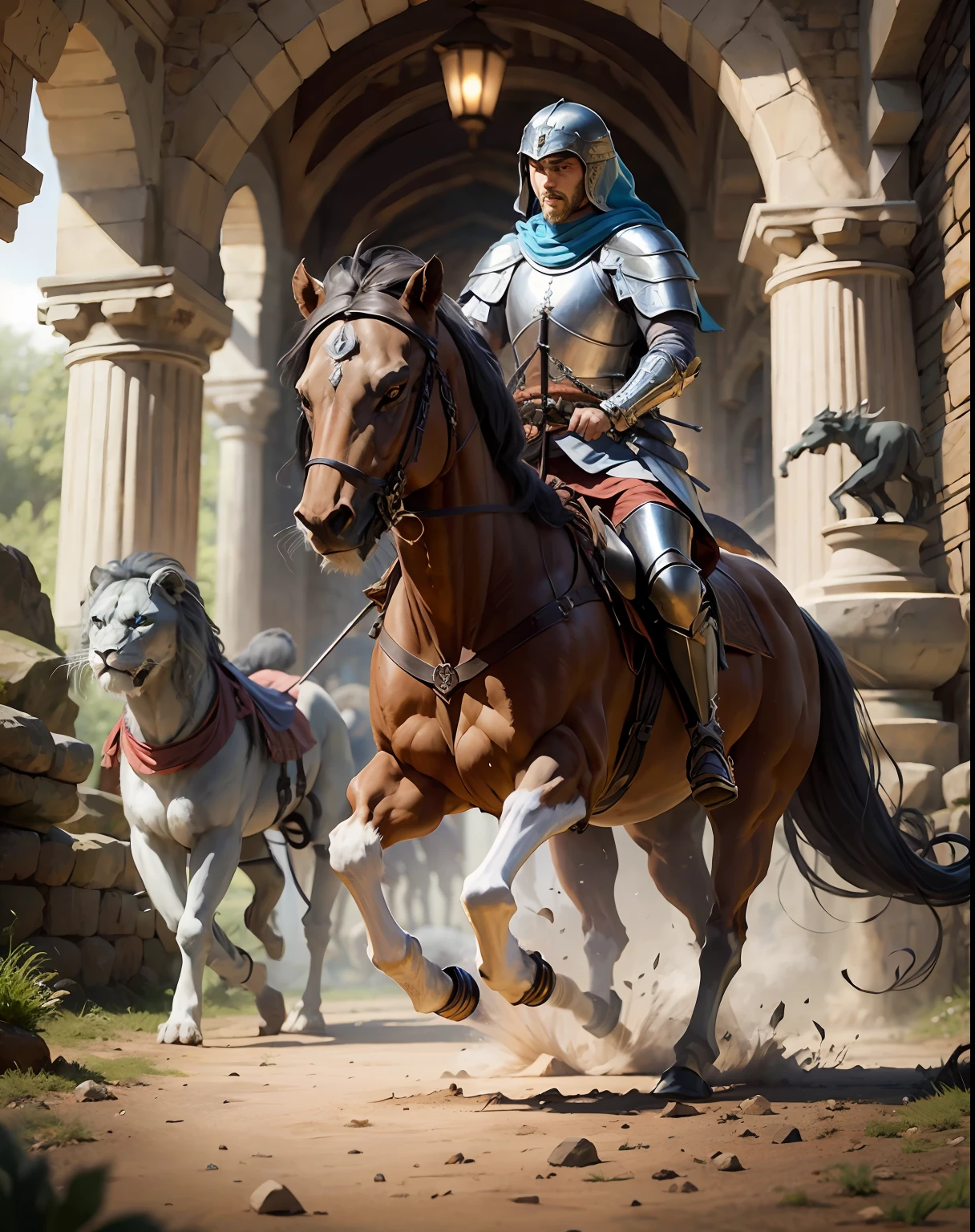 Knight medieval Arabian in front of great Legendary roaring lion