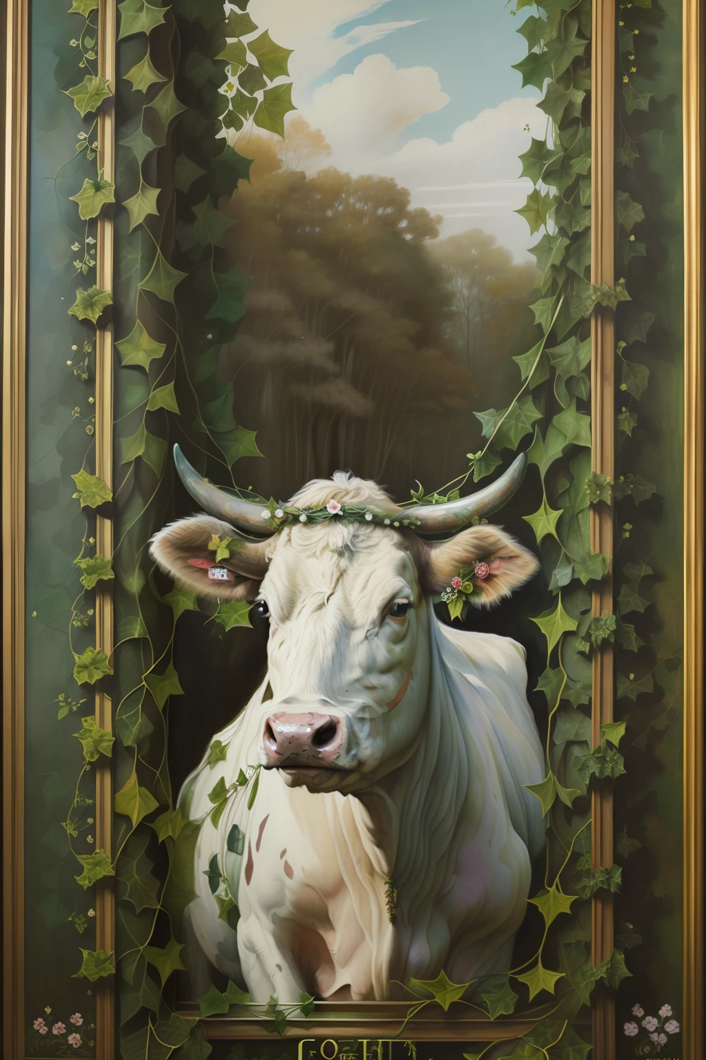 floresta. (((Painting of Pre-Raphaelite cow adorned with a garland ivy, folhas de hera, paisagem celta)))