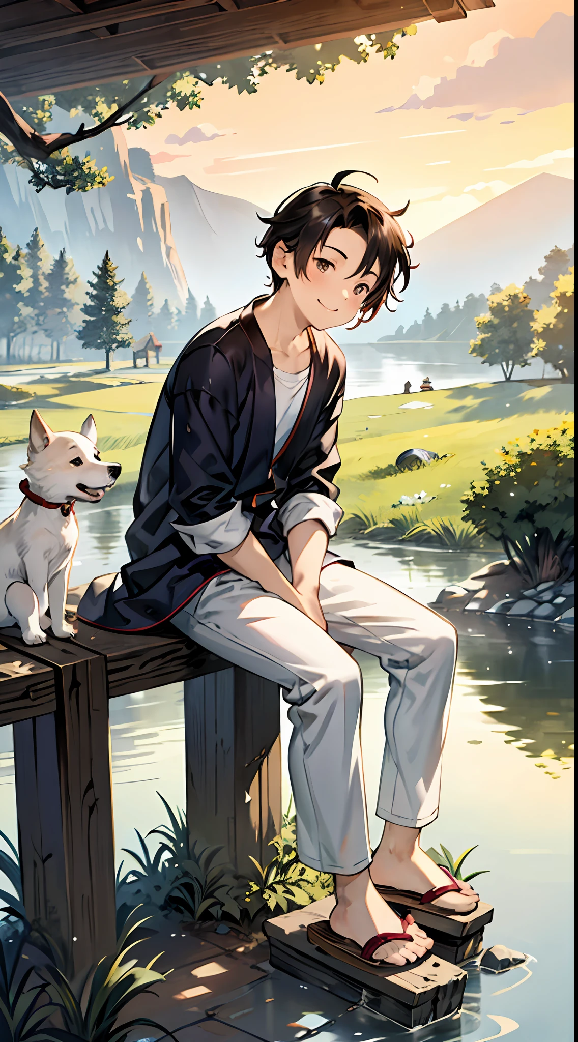 A happy and handsome boy，In the rain，Dressed in casual attire，Wear slippers，Sit on the rocks of the meadow，The background is the village，There is a cute little dog next to it，Sunset and sunset，Face the camera，Full body photo，Ultra-high definition