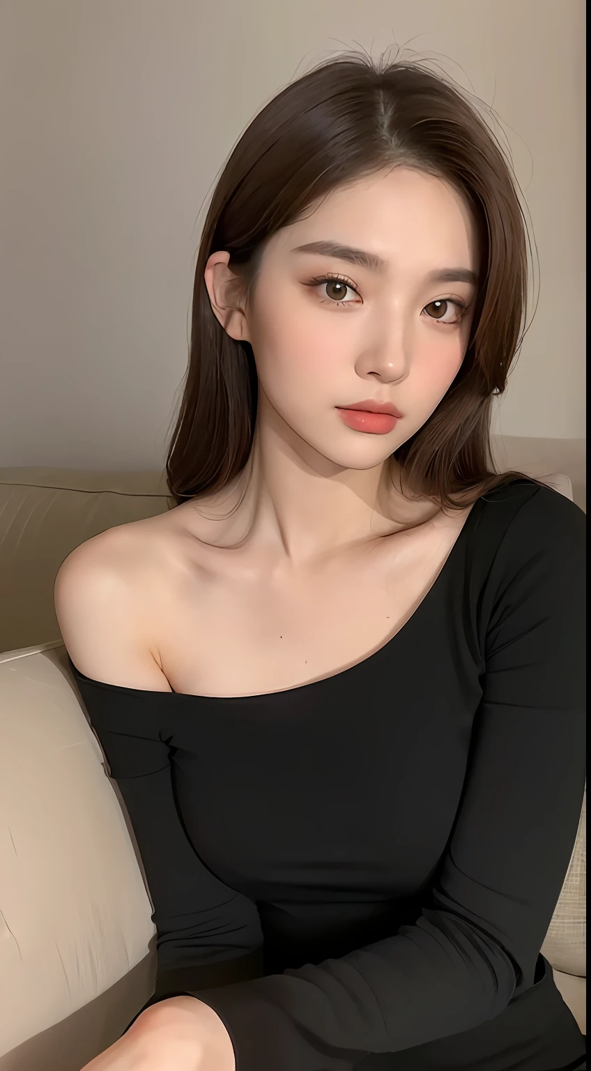 ((Night view, realistic light, best quality, 8k, masterpiece: 1.3)), 1girl, pretty woman with slim figure: 1.4, (brown hair, medium breasts: 1.3), off-the-shoulder cut top: 1.3, sofa, super detailed face, detailed eyes, double eyelids