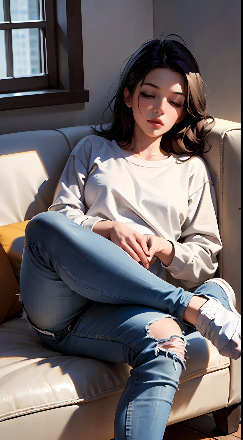 masterpiece, best_quality, 1girl, solo, sleeping, lying on the couch, white sweatshirt, long jeans, socks, perfect face, 4k, HDR, Full HD, HDR, proper lighting, late afternoon,