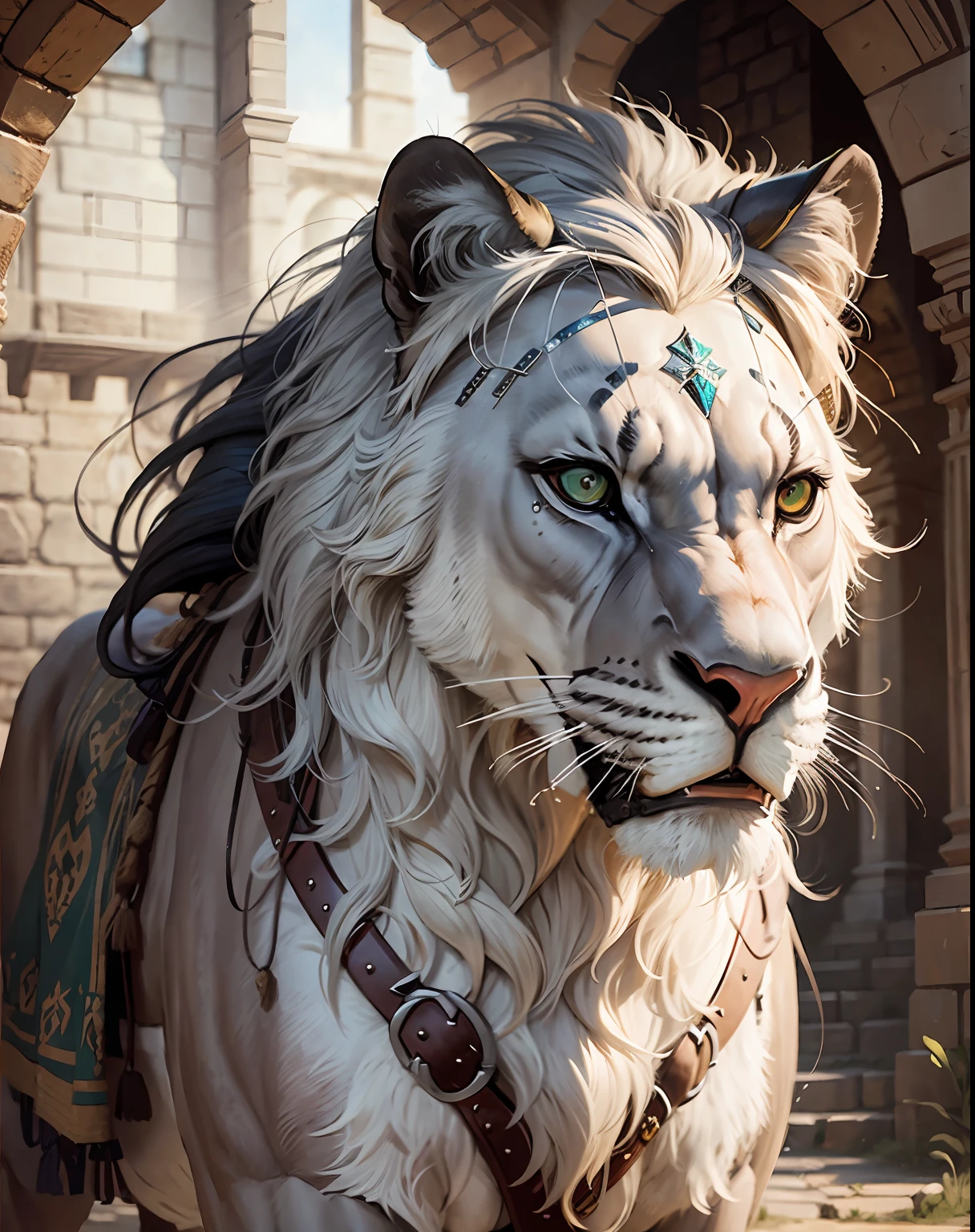 Knight medieval Arabian in front of great Legendary roaring lion