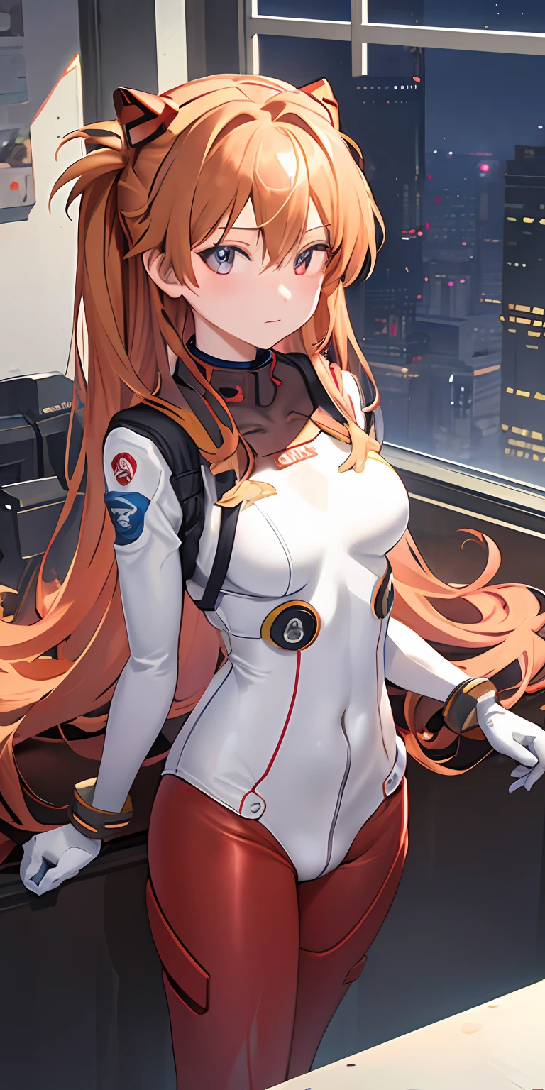 (Overhead view),dynamic angle,ultra-detailed, illustration, close-up, straight on, 1girl, 
 ((souryuu asuka langley, interface headset, red bodysuit:1.4, blonde)),Her eyes shone like dreamy stars,(glowing eyes:1.233),(beautiful and detailed eyes:1.1),(expressionless,closed mouth),(standing), 
(mechanic room with toolsand spaceship windowin a white SPACESHIP),
(night:1.2),dreamy, [[delicate fingers and hands:0.55]::0.85],(detail fingers),