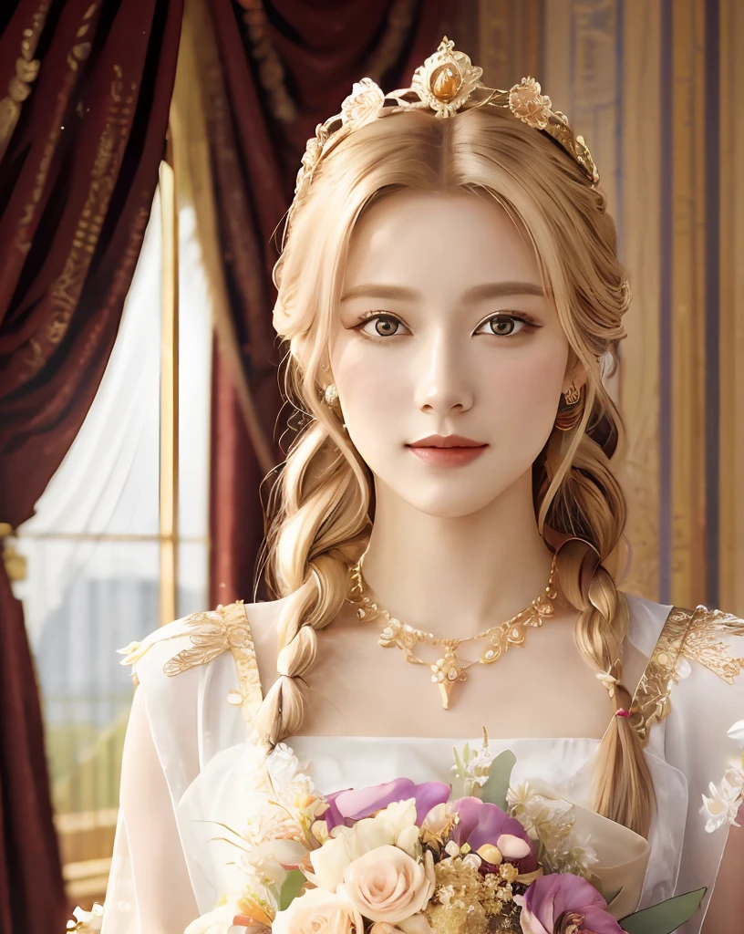 master-piece, bestquality, ultra-detail, illustration, masterpiece, bestquality,Take a picture in the middle...............,(Full body:-1),1girls, bara,light_eye, Blonde Hair,(dive & gold_queen_dress:1,White Armor, Queen Crown:1),((Holding a bouquet of flowers))hair between the eyes,Pink lips, (Smile happily:1),(looking at the audience:1), (long-haired :1.2),(long hair braid:1), Red Eyes,(luxury palace:1.25),(I have beautiful details and hairstyles match the pictures................:1),(Perfect scenery and best composition................:1),(Port of Queens:1), Neat gesture................, (indoors:1.2),(gradients,gold:1.1),breeze,(zoom out:-1),