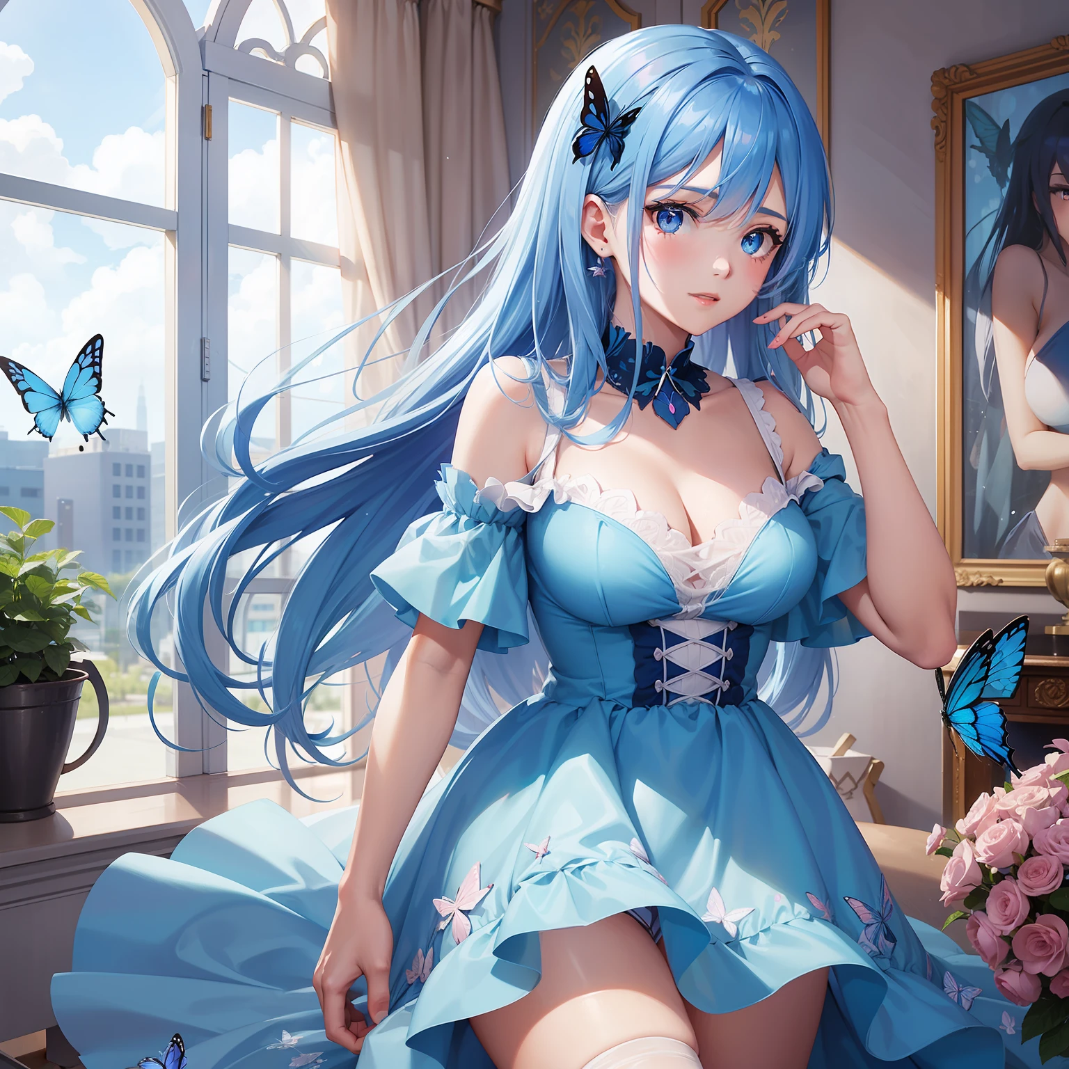 a women, blue butterfly, blue hair, pink eyes, blue dress