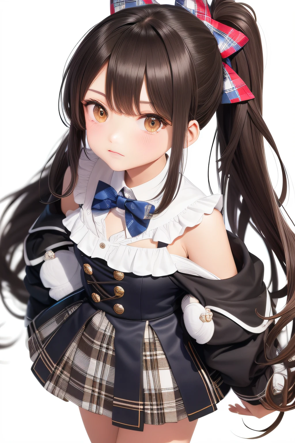 "Highest image quality，tmasterpiece, brunette color hair, Brown eyes, head looking up, full bodyesbian，Manteau blanc，Navy blue plaid headband，a skirt，The ankle has red lines，tachisme, black hair band, wearing hair bow, Girl ponytail hair, shairband, hair tied in a cute way, ribbon in her hair, Hair tied in a ponytail, ribbon, Bow knot,，standing on your feet"