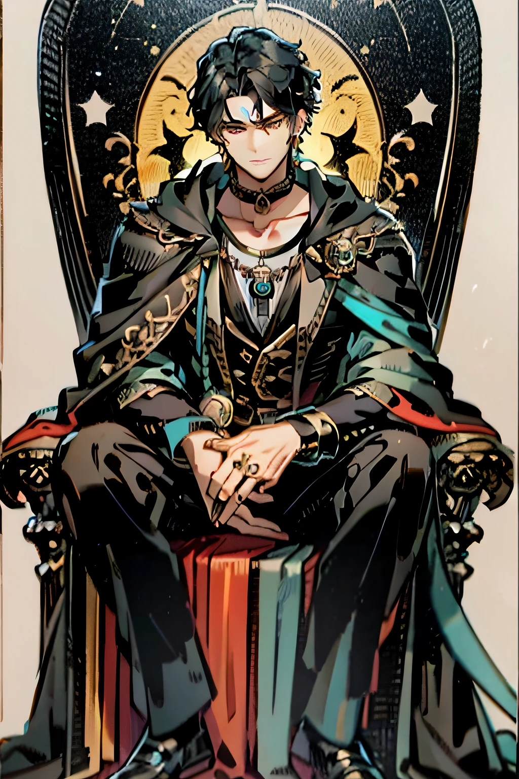 with black curled hair，Close-up of a person sitting in a chair with a moon, Beautiful androgynous prince, casimir art, sitting in a gilded throne, sitting on intricate throne, sat in his throne, highly detailed exquisite fanart, Seated on an ornate throne, Emperor Tarot cards, sat in his throne, Black cape，Black suit，Black vest，Black costume，Turquoise ring，choker necklace，1人，，symetrical composition，malefocus