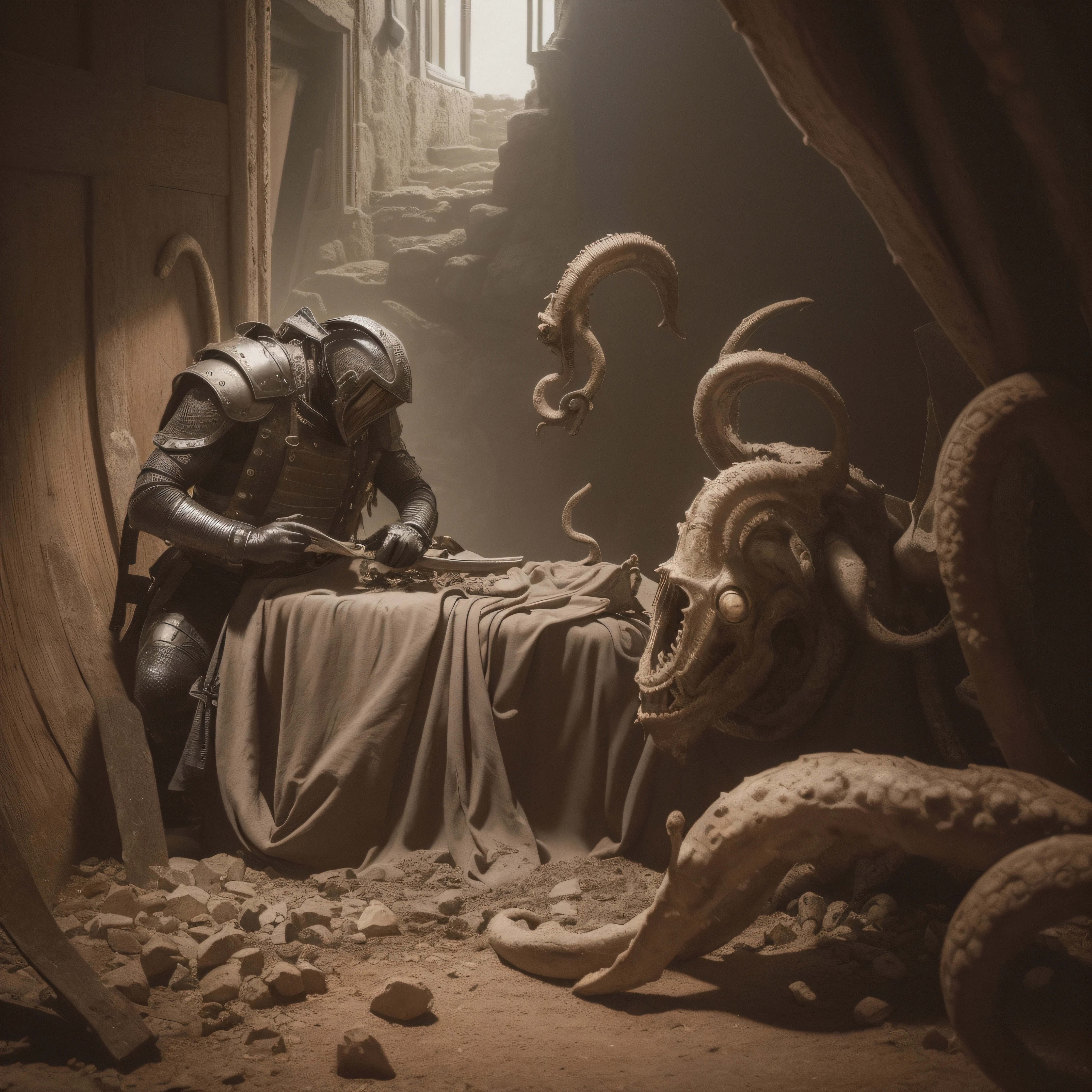 (extremadamente detallado, obra maestra, La mejor calidad), Estilo oscuro, intense illumination, rostro con arrugas, soldier, medieval armor, rusted, axe, tentacle, monstruoso, interior de una piscina de agua verdosa, imagen submarina, alien con Colmillos finos. manchas de tinta. Rococo composition. Luz de caravaggio