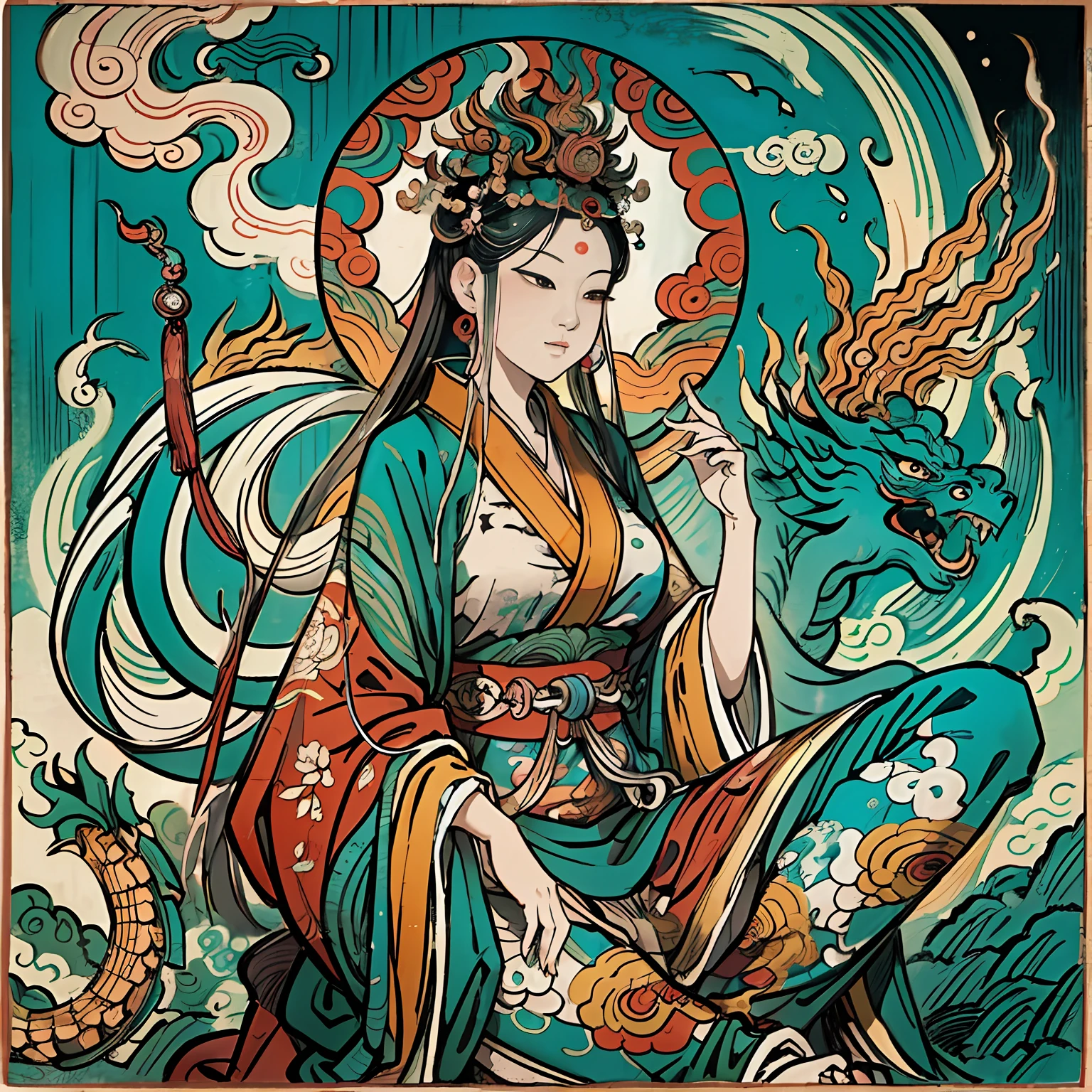 an ancient Chinese goddess, guanyin of the southern seas, Guanyin, Inspired by India, Avalokiteshvara rides a dragon,Serene expression,shui mo hua,Buddha,Buddhist,Lotus,Chinese painting style,Thangka style