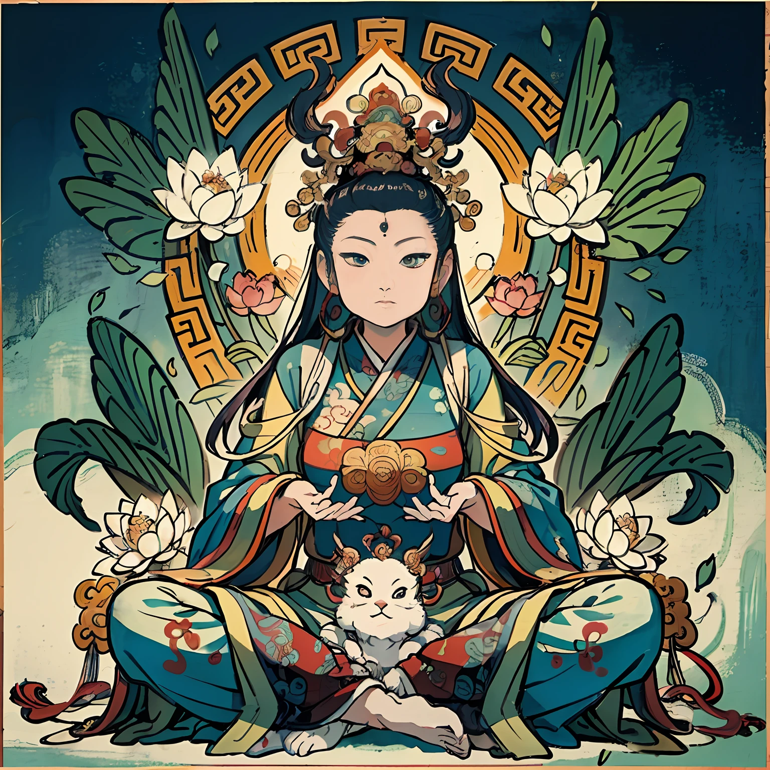 an ancient Chinese goddess, guanyin of the southern seas, Guanyin, Inspired by India, Avalokiteshvara rides a dragon,Serene expression,shui mo hua,Buddha,Buddhist,Lotus,Chinese painting style,Thangka style