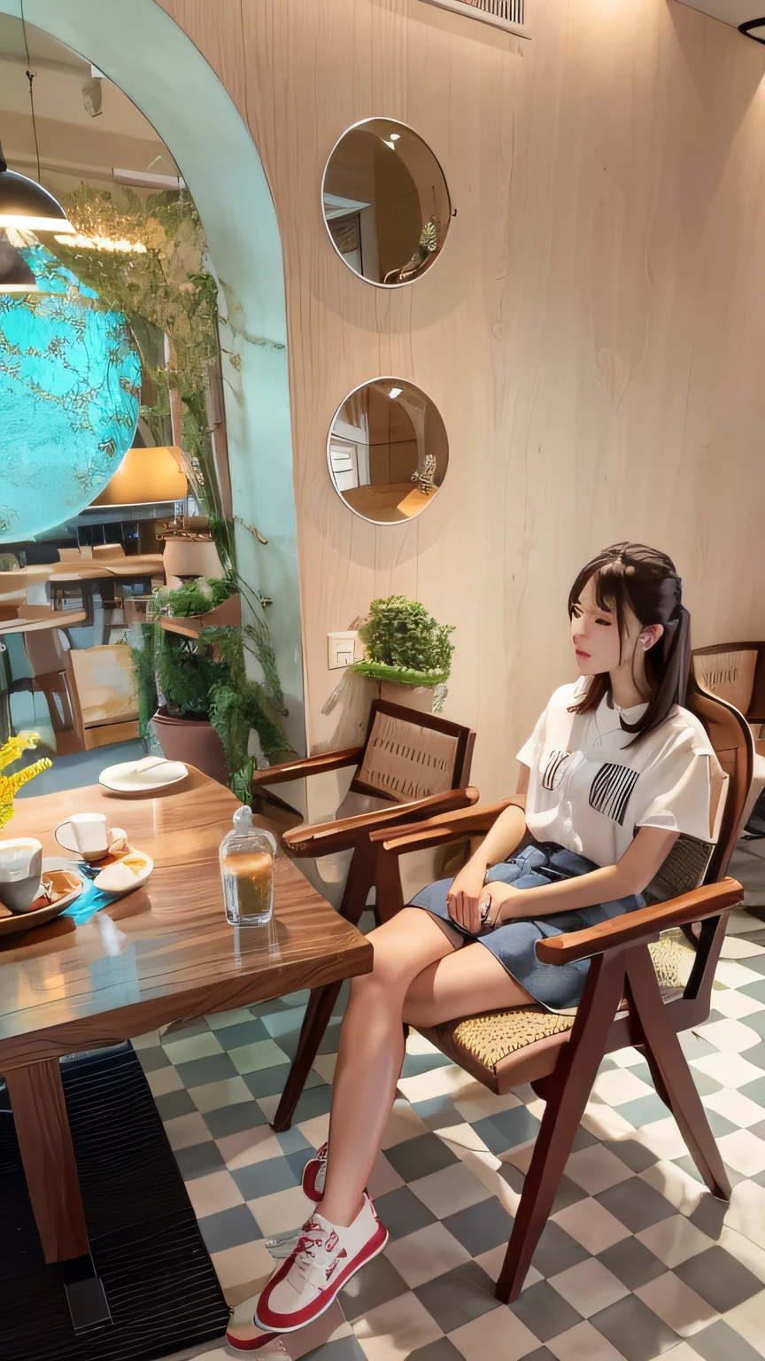 There was a woman sitting at the table,Carrying a plate of food, sitting alone in a cafe, Handsome girl, sitting alone in a cafe, bae suzy, sittinng on the desk, sitting in a café, sitting at table, Actress, exclusive, inspired by Ma Yuanyu, lofi-girl, photoshoot, zmonzheng, mysterious coffee shop girl