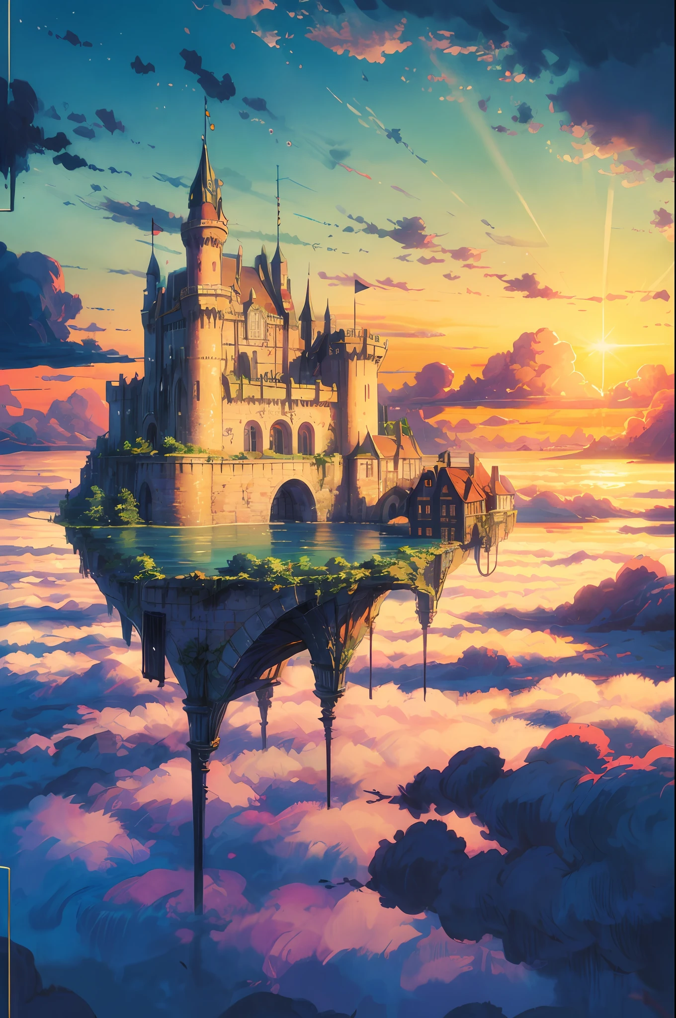 "A majestic castle floating on a sky island, reminiscent of an England-style fortress, suspended above fluffy clouds, basking in the warm glow of the sun, radiating vibrant colors. Masterpiece."