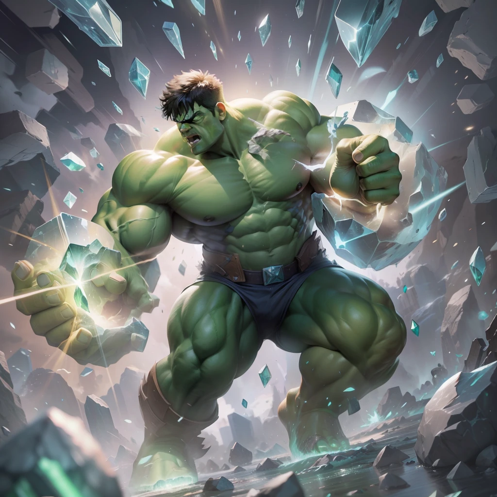 "Hulk smashing through shimmering crystal with incredible strength and force."